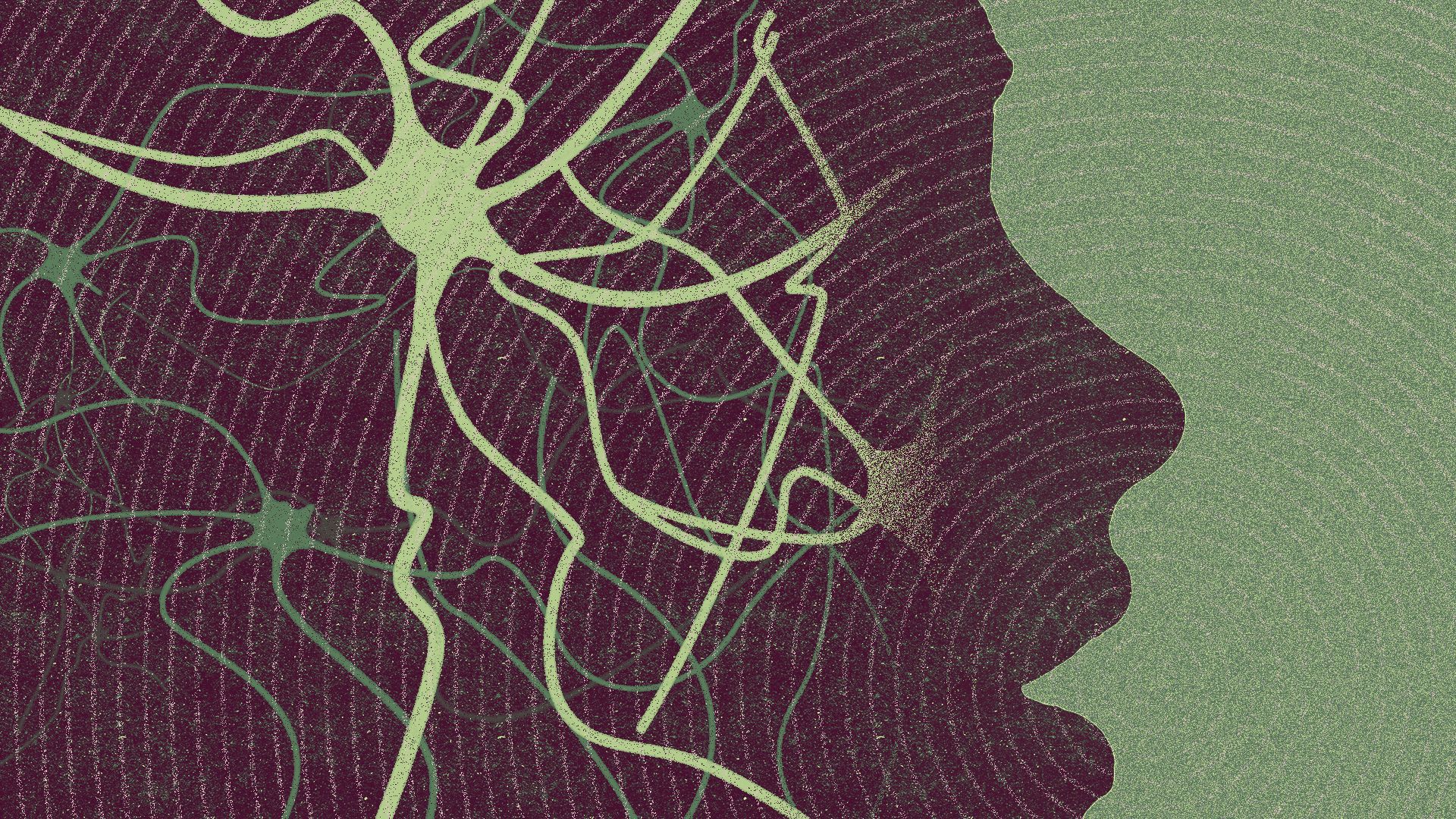 Illustration of a collage of a person in profile talking, with neurons seen inside the head, and concentric circles emanating from the mouth.