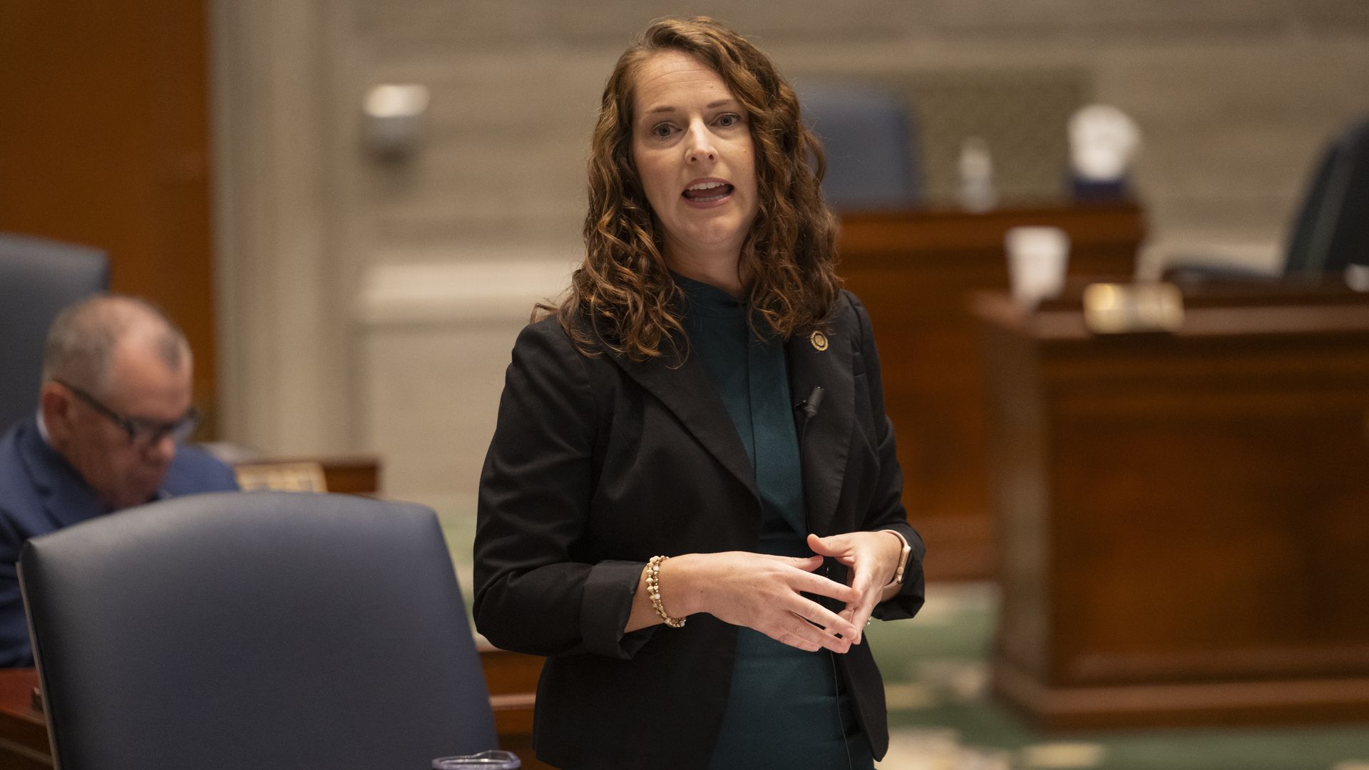 Sen. Maggie Nurrenbern (D-MO) speaks during an attempt to filibuster on September 12, 2025 in Jefferson City, Missouri. Missouri democrats work to slow the states' redistricting legislation.