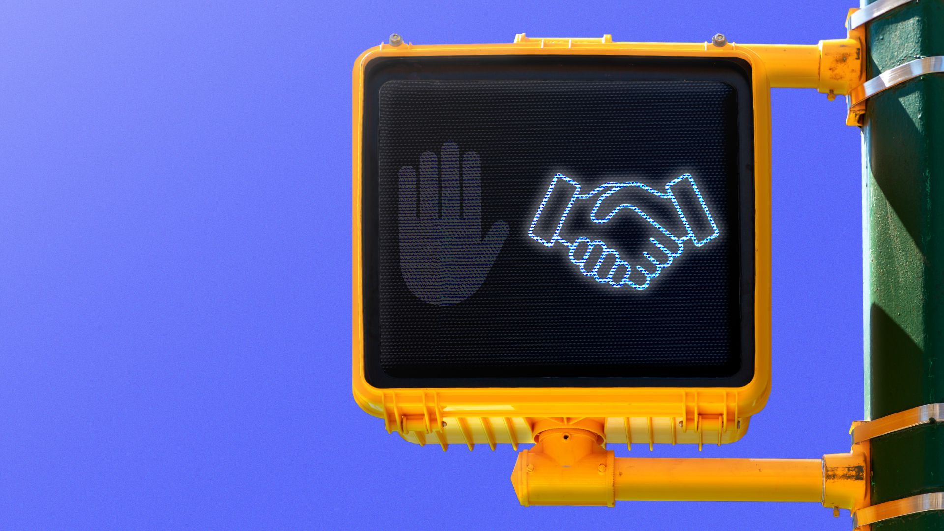Illustration of a pedestrian crosswalk sign showing a dull icon of a hand indicating "stop" and a lit up and glowing icon of a handshake.