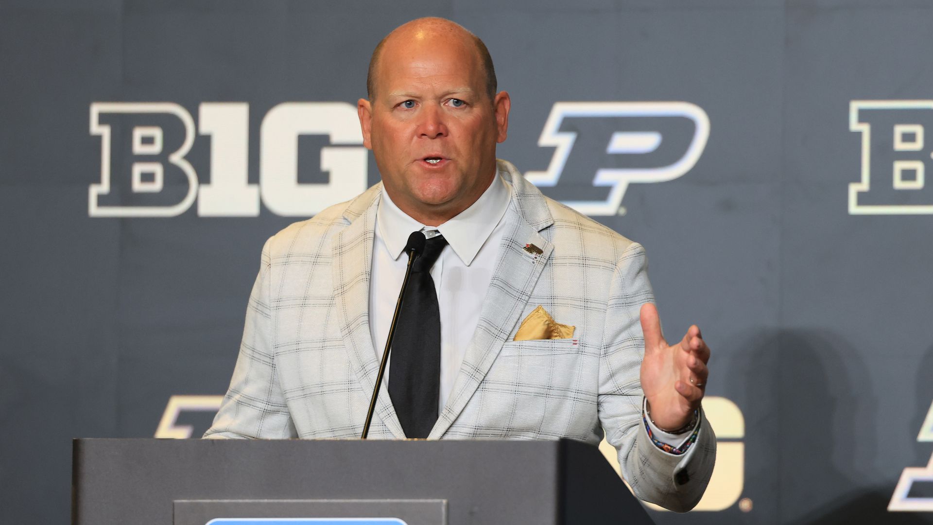 Head coach Barry Odom of the Purdue Boilermakers speaks to the media during the 2026 Big Ten Football Media Days at Hilton Chicago on July 29, 2026 in Chicago, Illinois. 