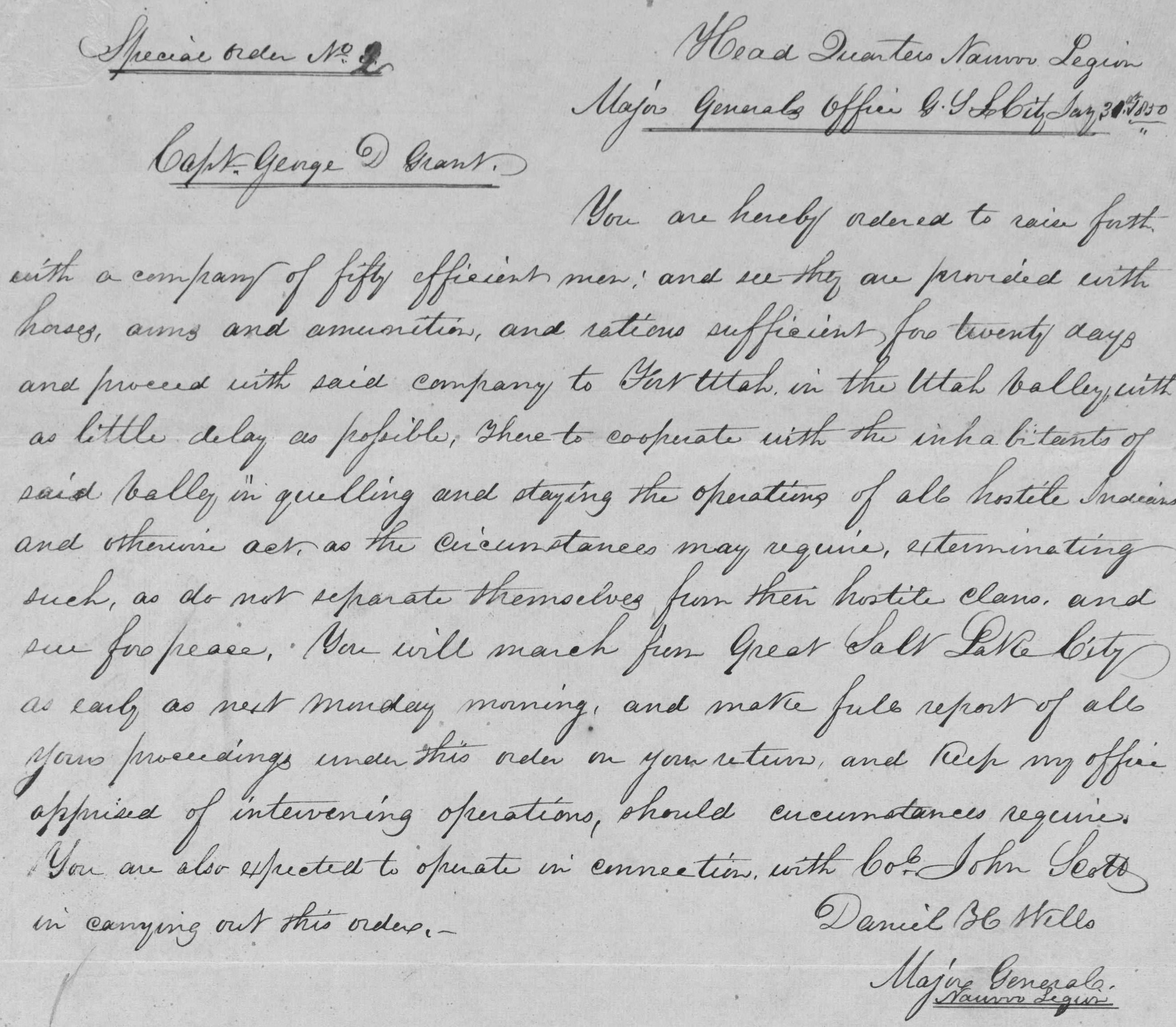 An order by the general of the Nauvoo Legion deploying a militia to attack Timpanogos people in what is now Utah County.