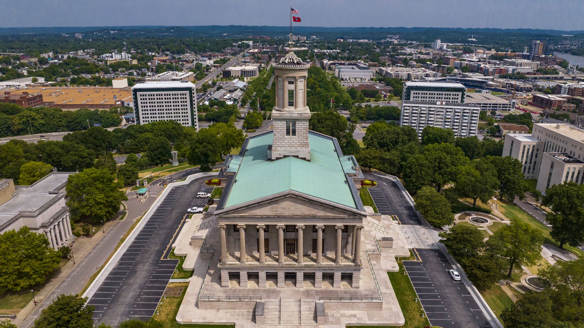 An aerial view of the Tennessee Capitol