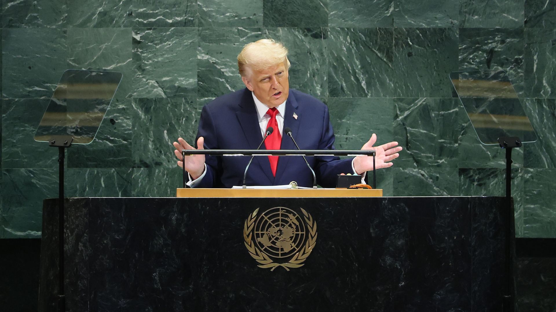U.S. President Donald Trump speaks during the United Nations General Assembly (UNGA) at the United Nations headquarters on September 23, 2025 in New York City. Photo by Michael M. Santiago/Getty Images.