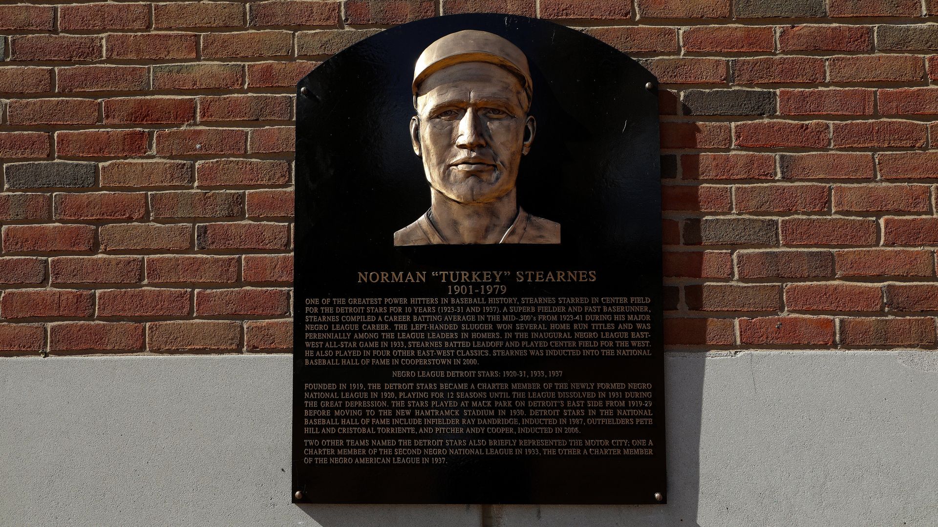  A plaque of former Detroit Stars Negro League baseball player Norman "Turkey" Stearnes posted outside Comerica Park. Photo: Raymond Boyd/Getty Images