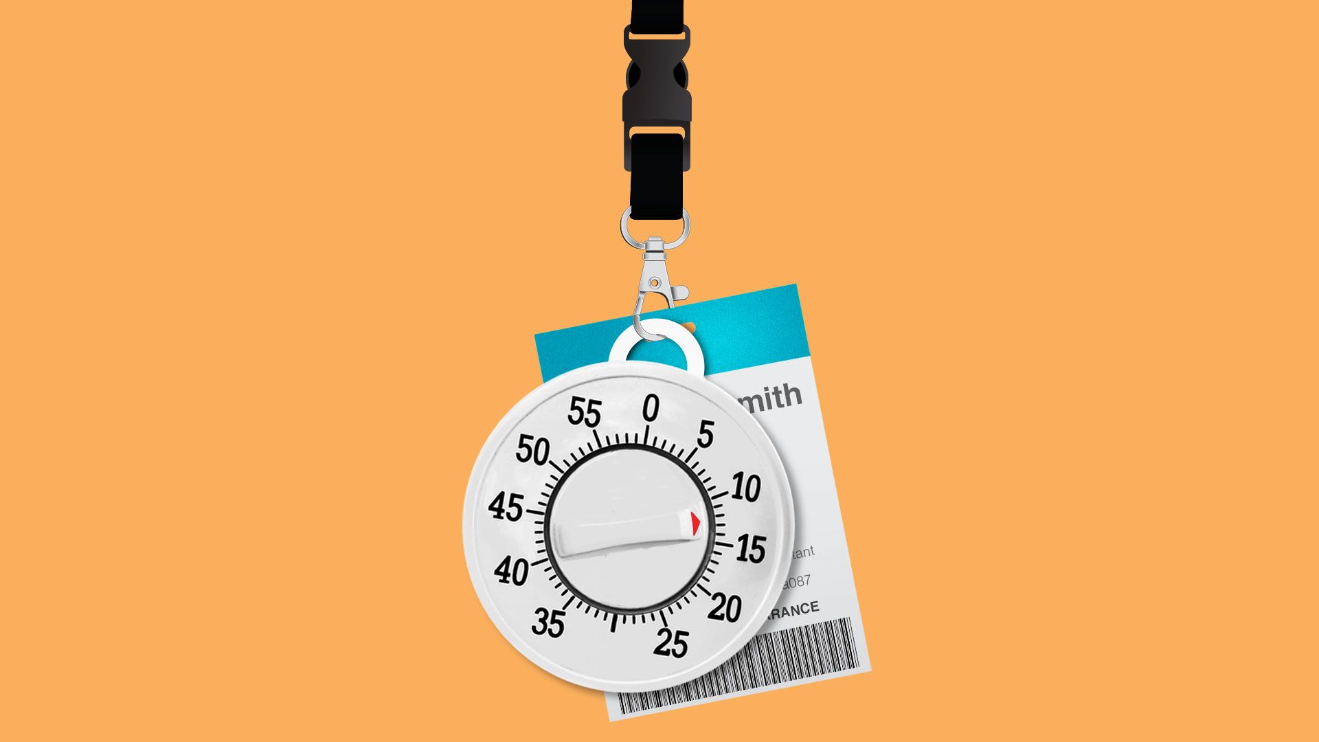 Illustration of an employee badge and egg timer on a lanyard.