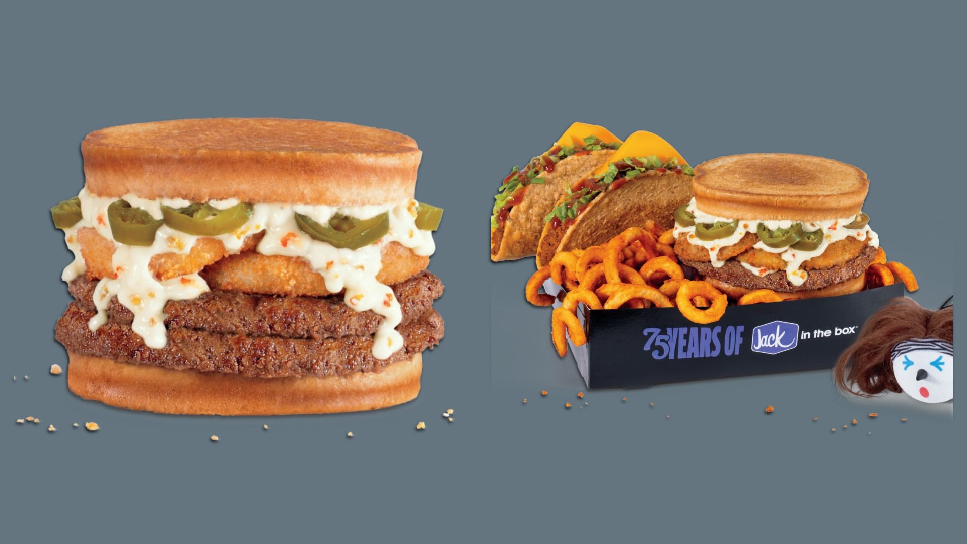 Spicy crispy chicken sandwich with jalapeños and sauce, two crispy chicken tacos with cheese and lettuce, and curly fries in a "75 years of Jack in the Box" tray