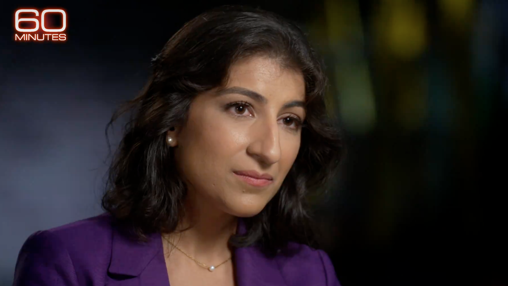 FTC chair Lina Khan pictured appearing on 60 minutes