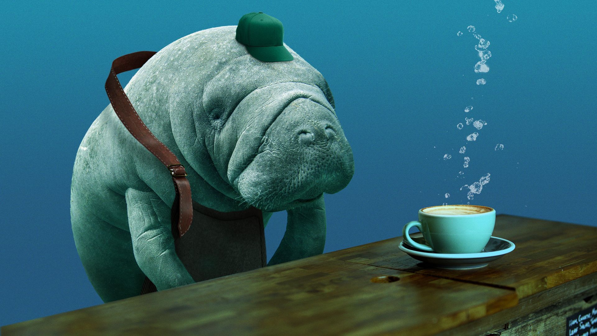 Illustration of a manatee dressed as a barista, swimming in front of a counter with coffee on it. 