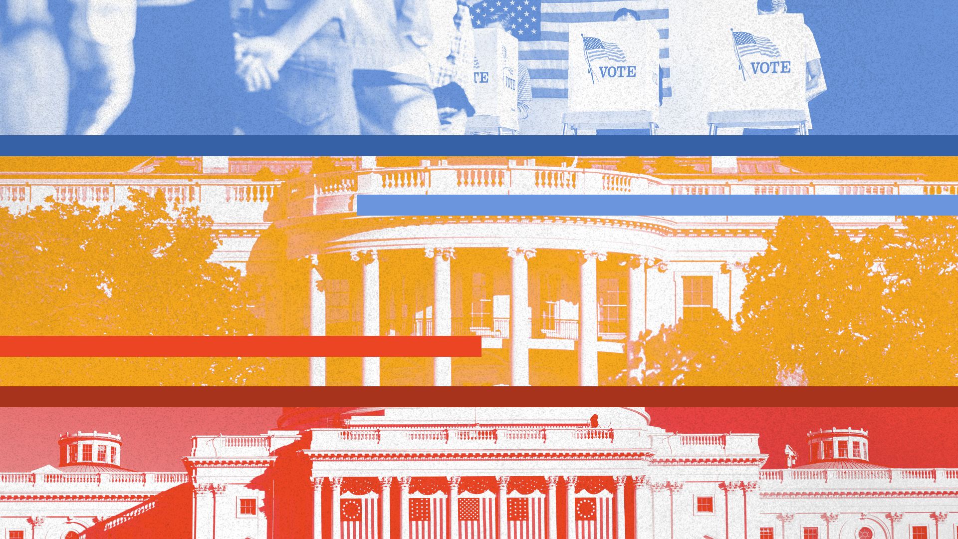 Illustration of people standing in line to vote, the White House, and the Capitol, with colored bars over them