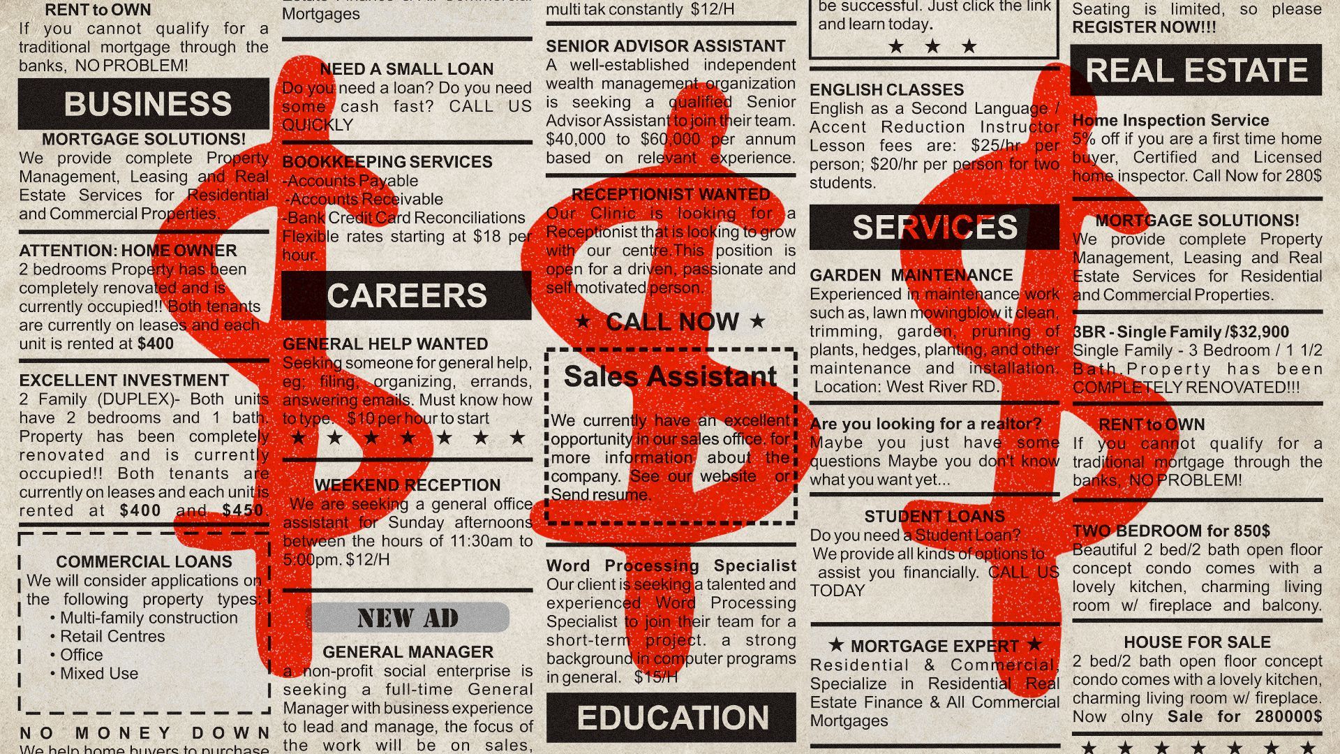 Illustration of a page of a classified newspaper with dollar bills signs written over it. 