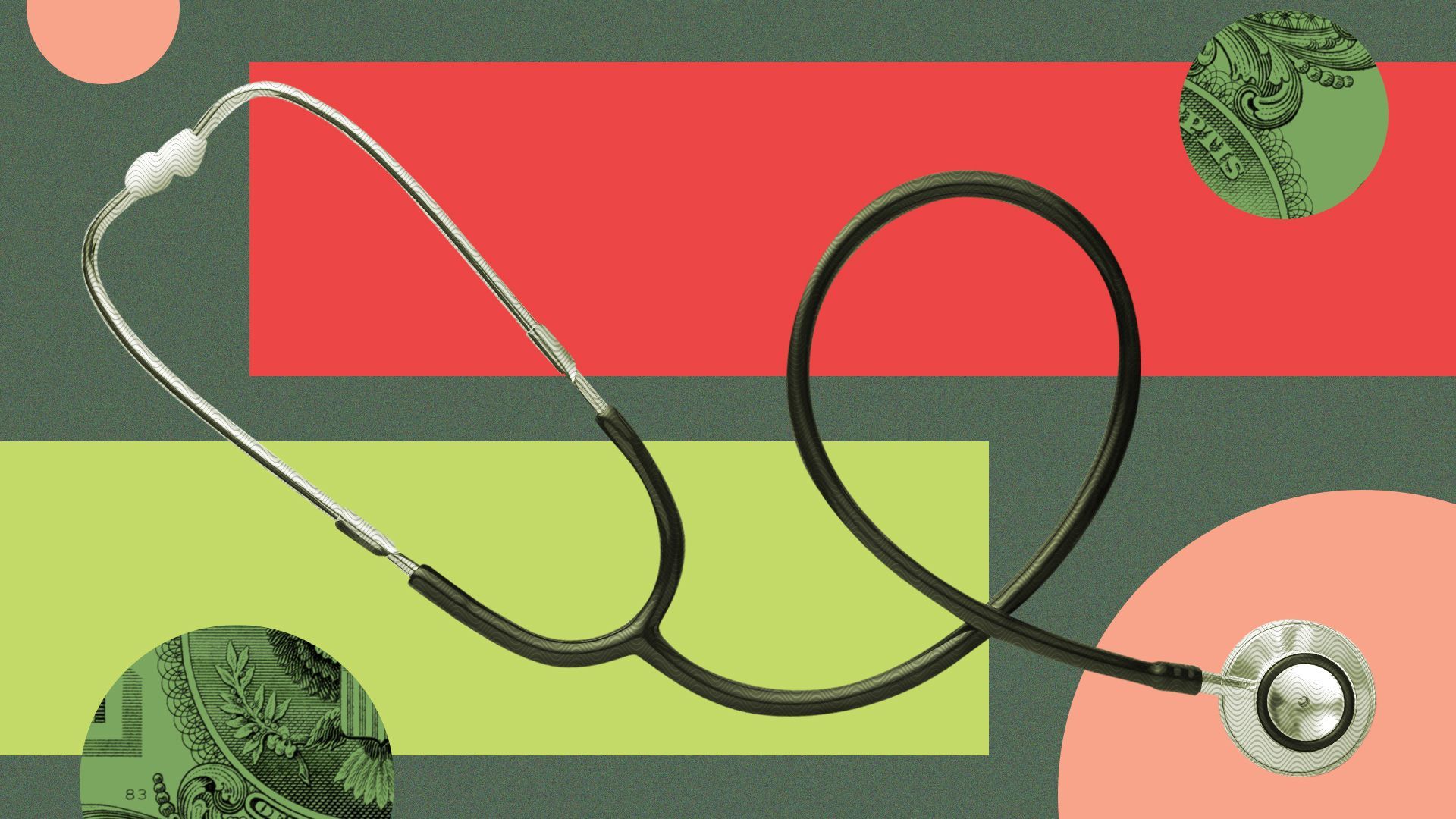 an illustration of a stethoscope surrounded by shapes and cutouts of money