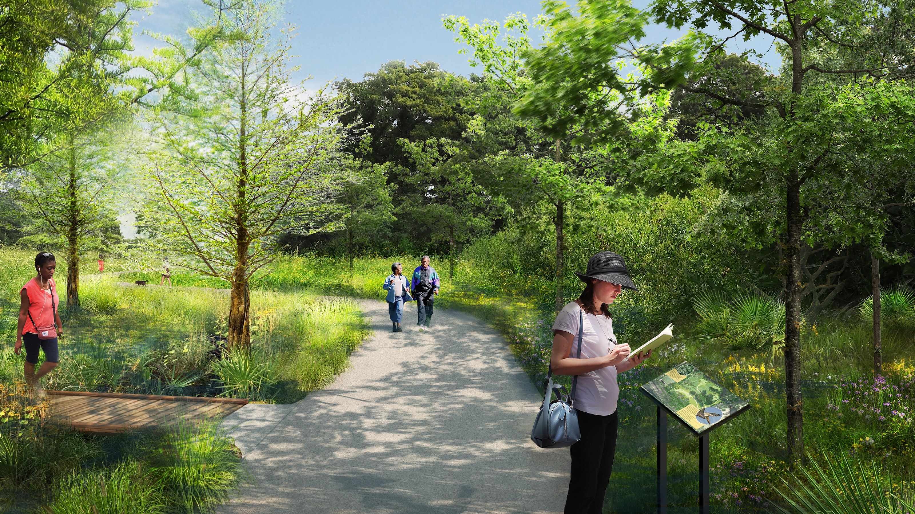 A diverse group of people enjoying a walk in a lush, green park on a sunny day. The pathway is surrounded by tall trees and vibrant vegetation. A woman in a black hat is reading an informational sign. Two people walk together in the background, and another person is visible walking across a small br
