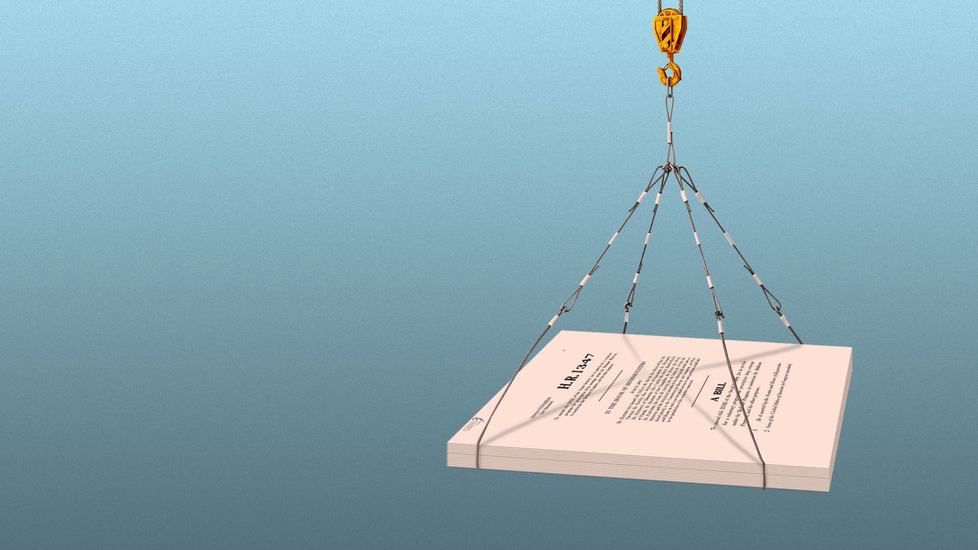 Illustration of a Congressional bill being lifted by a crane