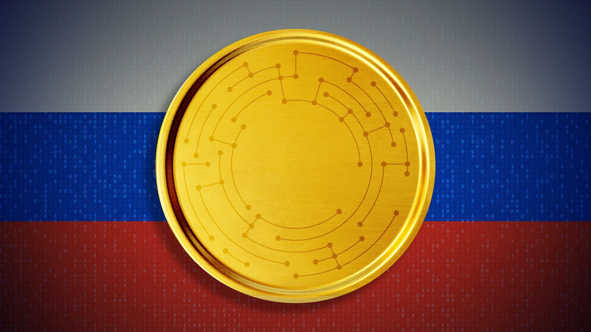 Illustration of a computer board coin against a backdrop of the Russian flag. 
