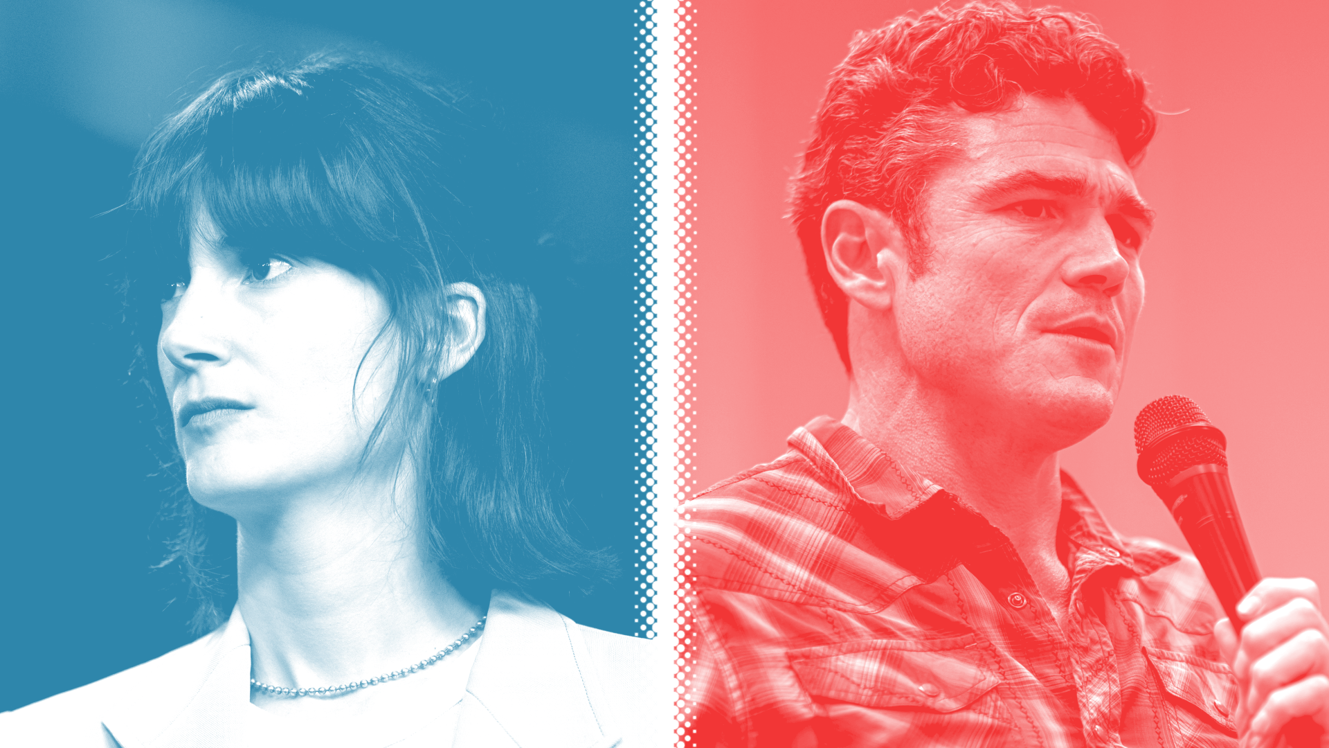 Photo illustration of Marie Gluesenkamp Perez and Joe Kent.