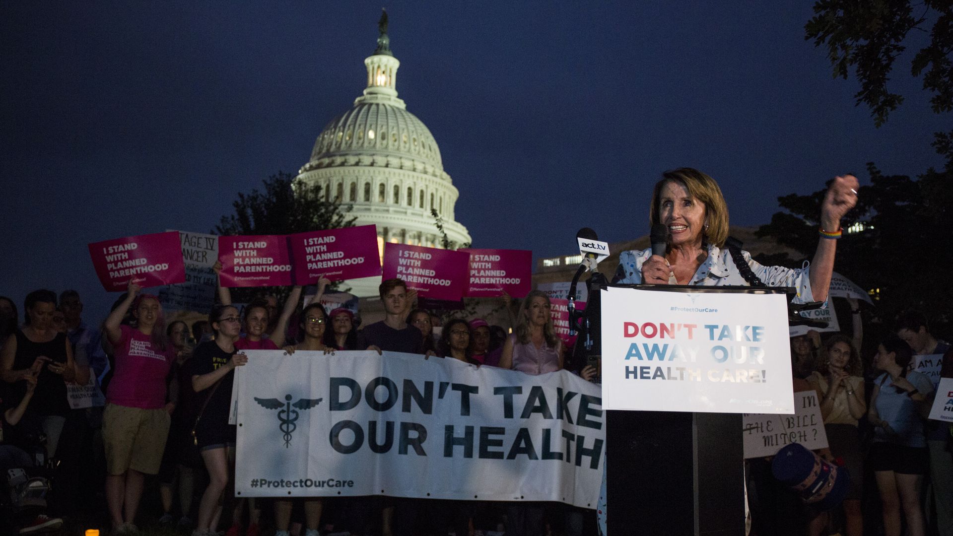 Nancy Pelosi at a health care protest outside Capitol Hill