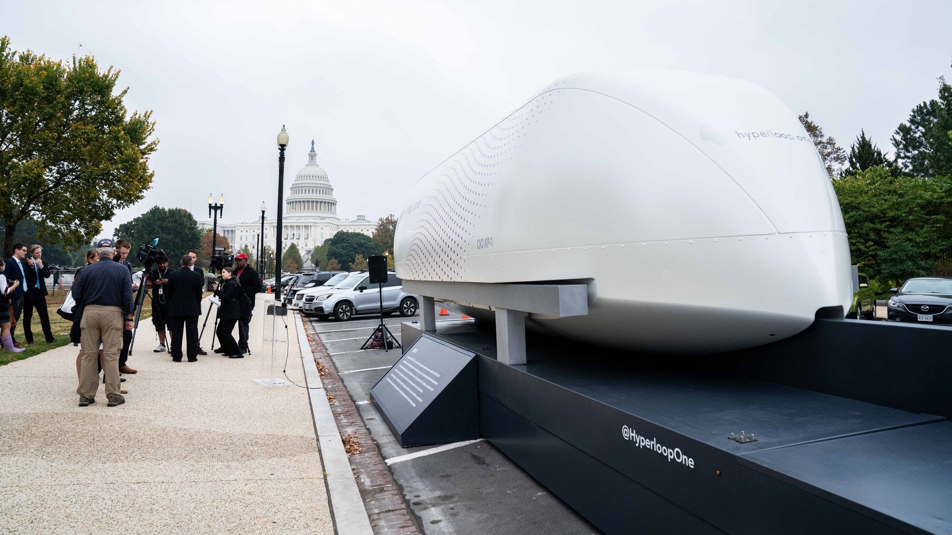 The Virgin Hyperloop One XP-1 test pod on display on Capitol Hill in Washington Wednesday morning. Photo: Virgin Hyperloop One