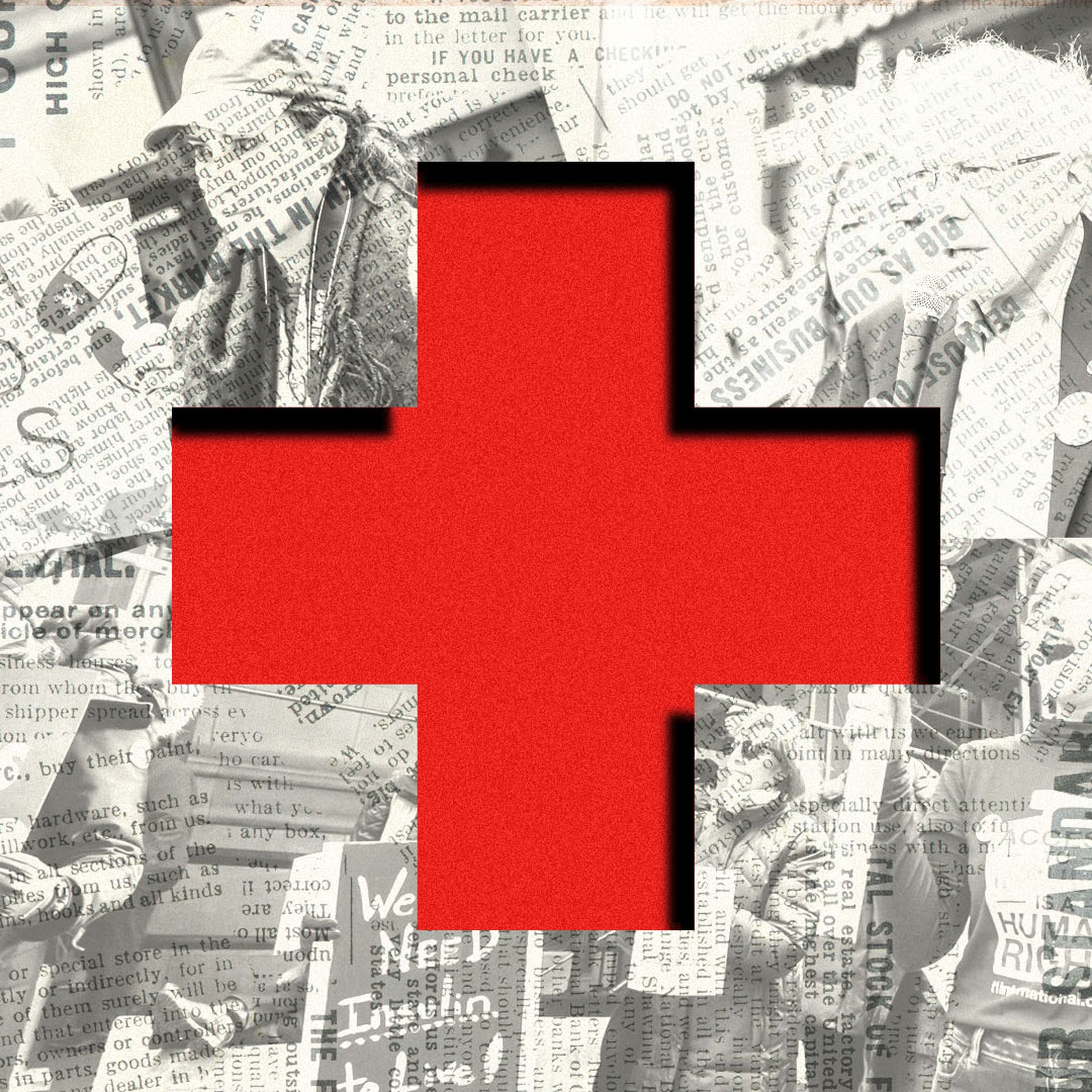 Photo illustration of people protesting health care costs and Democratic presidential candidate Bernie Sanders, overlaid with a red cross