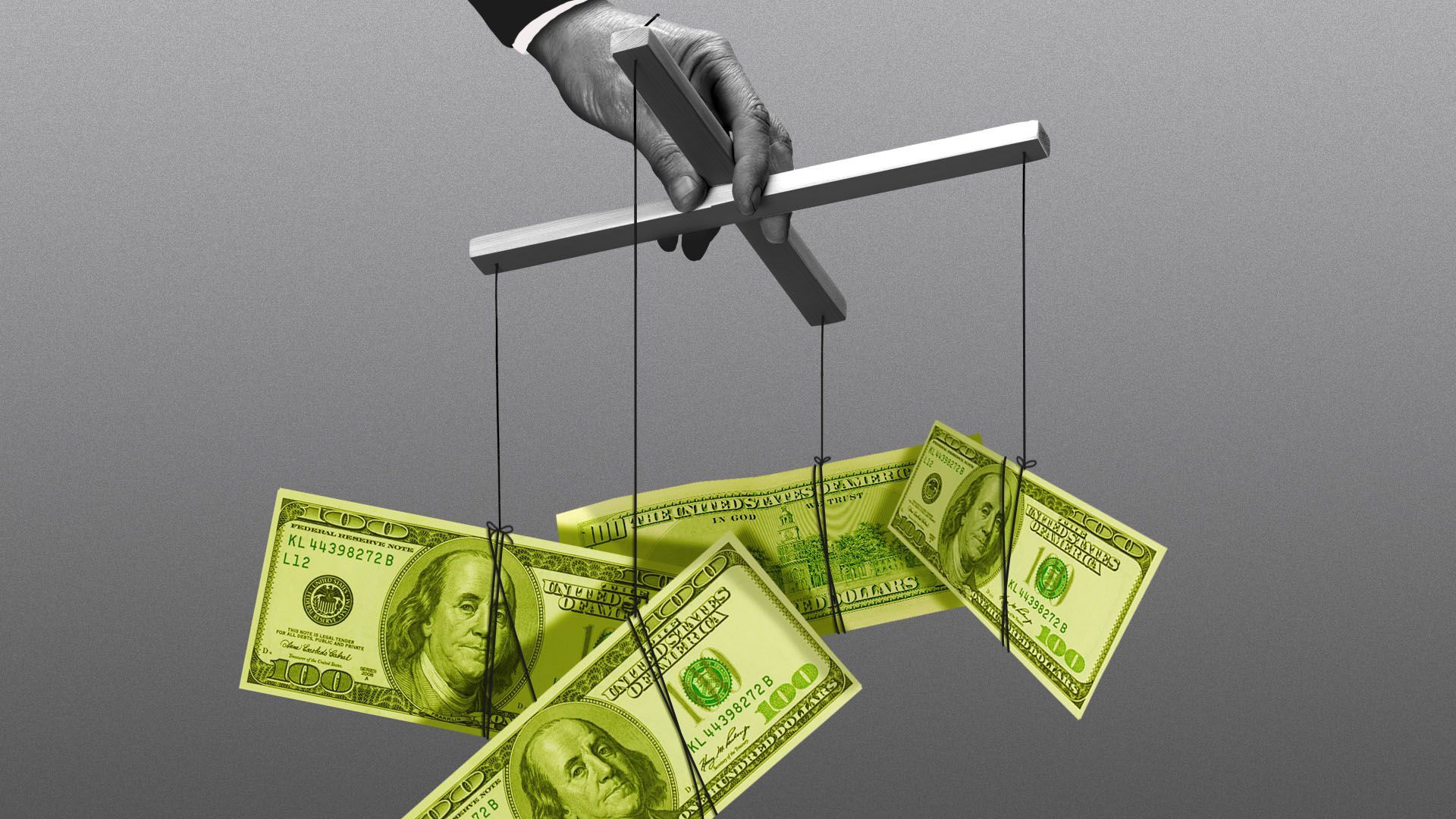 Illustration of a hand holding a marionette bar with hundred dollar bills attached to the strings.