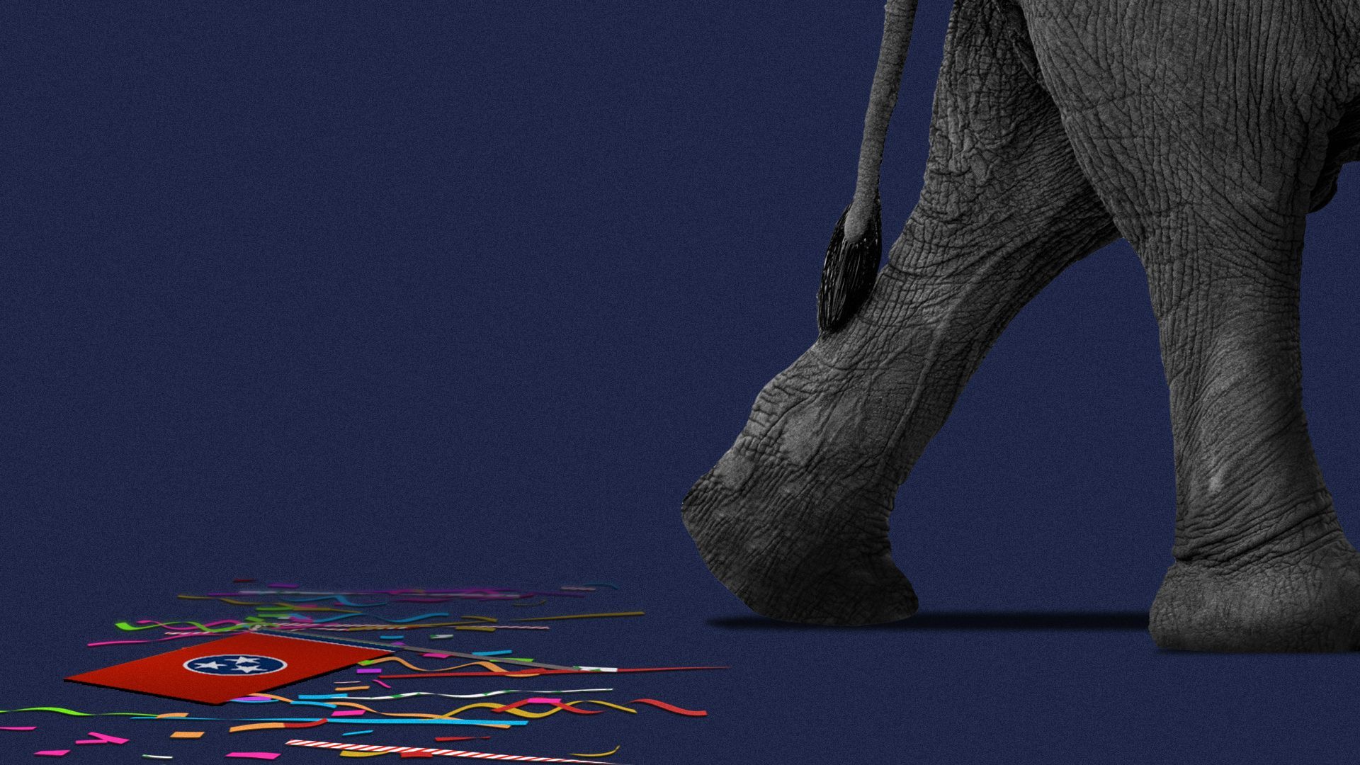 Illustration of an elephant walking away from the Tennessee flag and confetti on the ground.