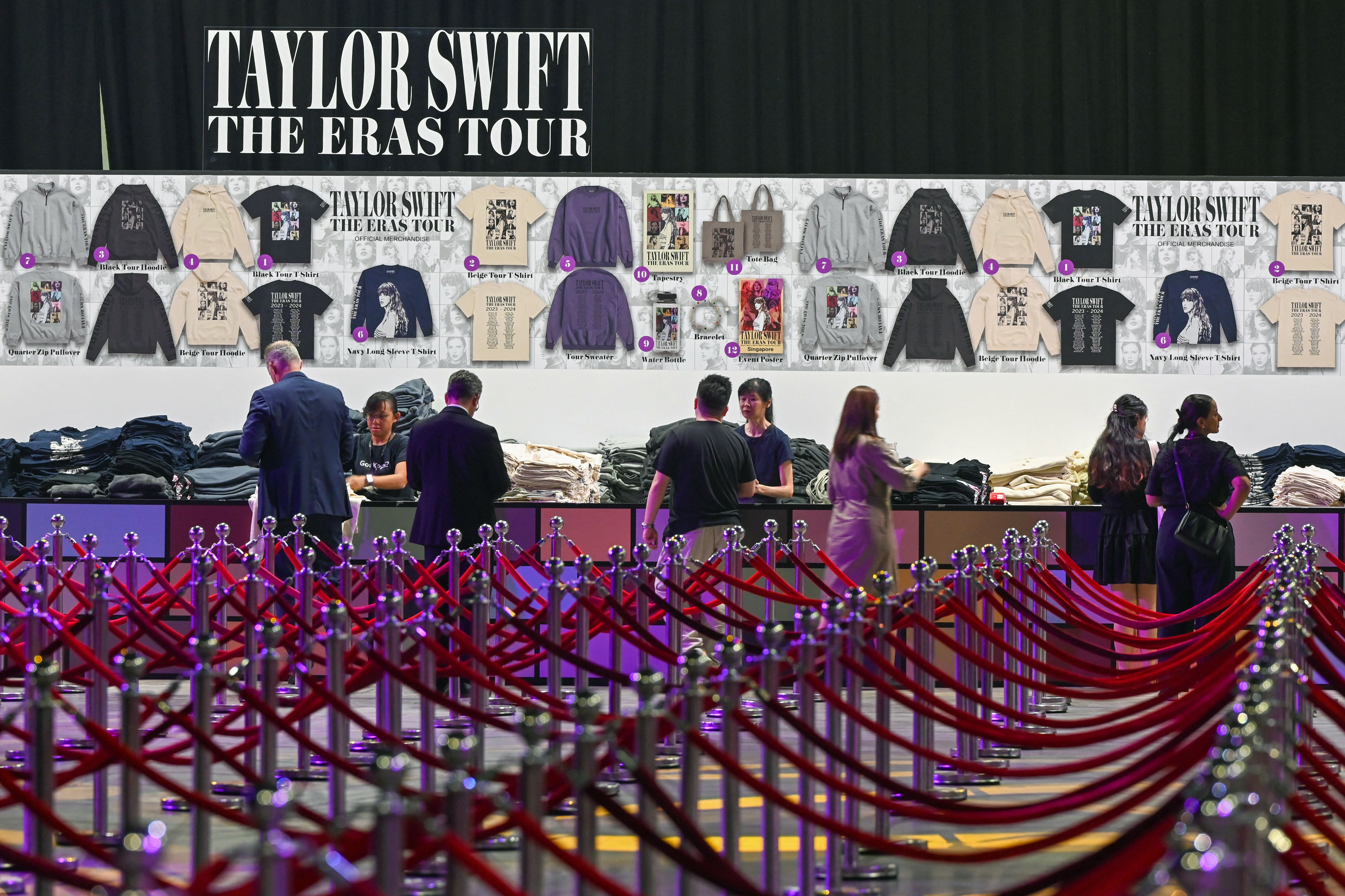 Image show the merchandise area at the Eras Tour in Singapore.