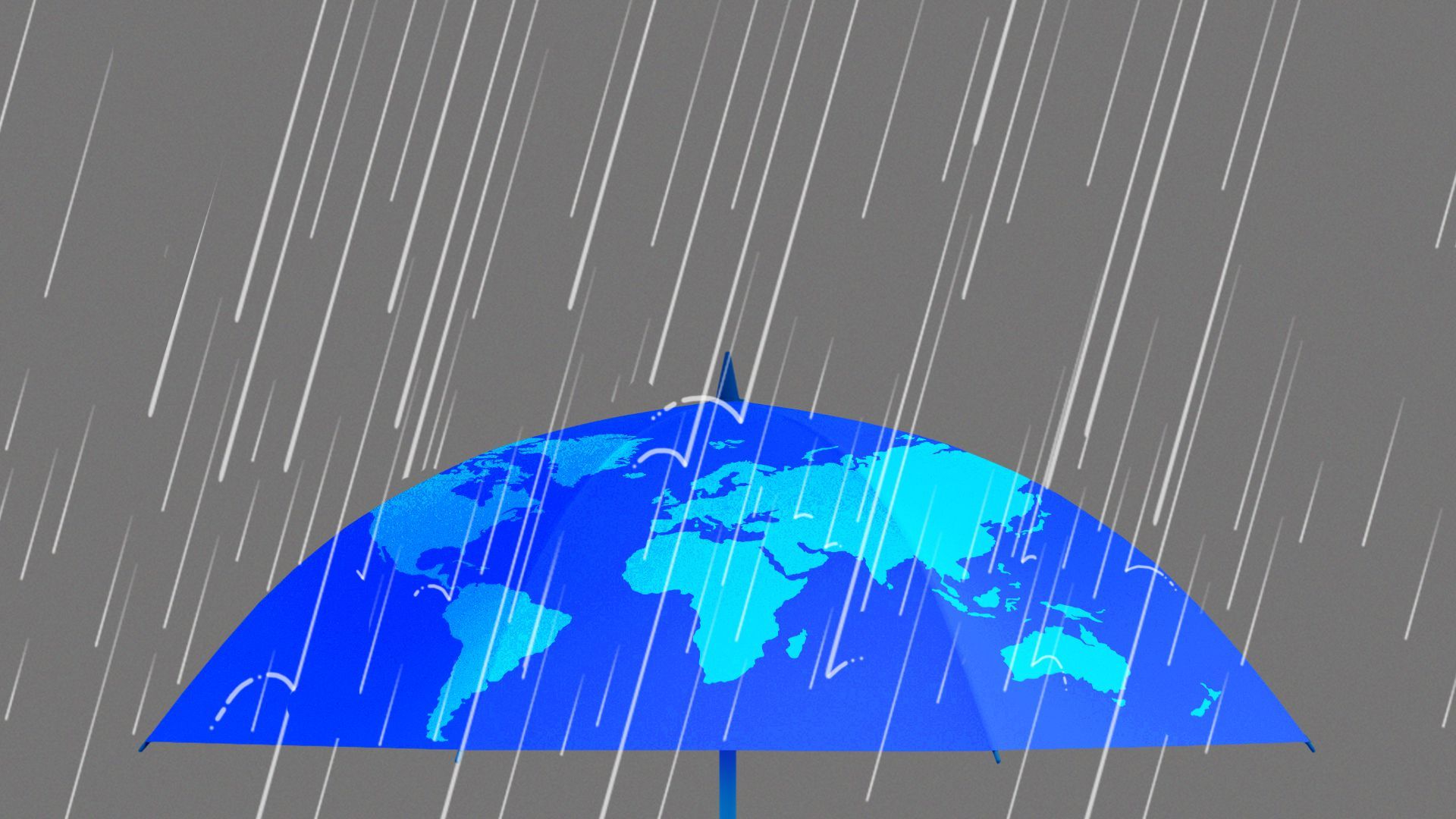 Illustration of stormy raindrops falling onto an umbrella with the world map on it