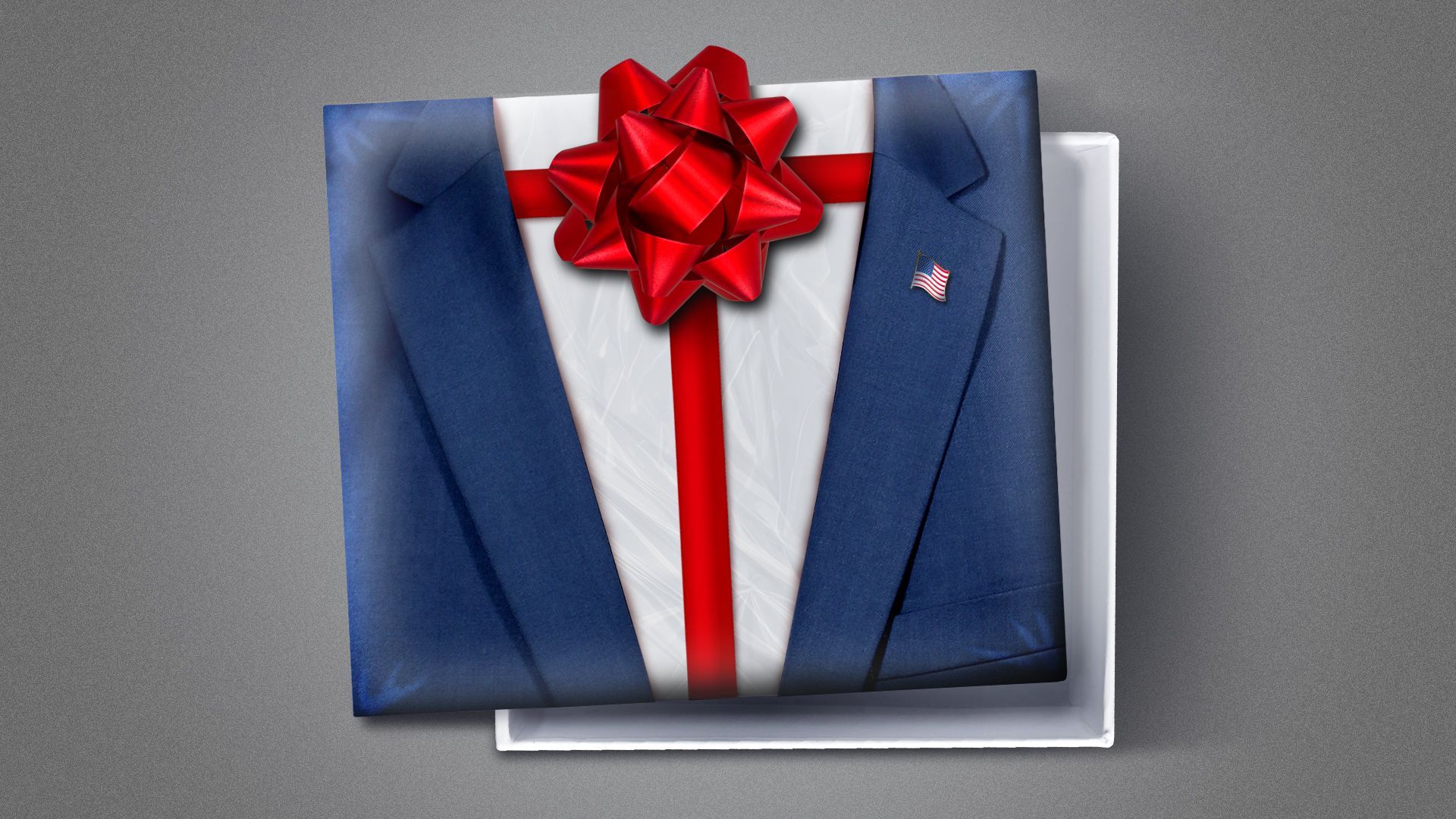 Illustration of an open gift box featuring a suit and American flag pin