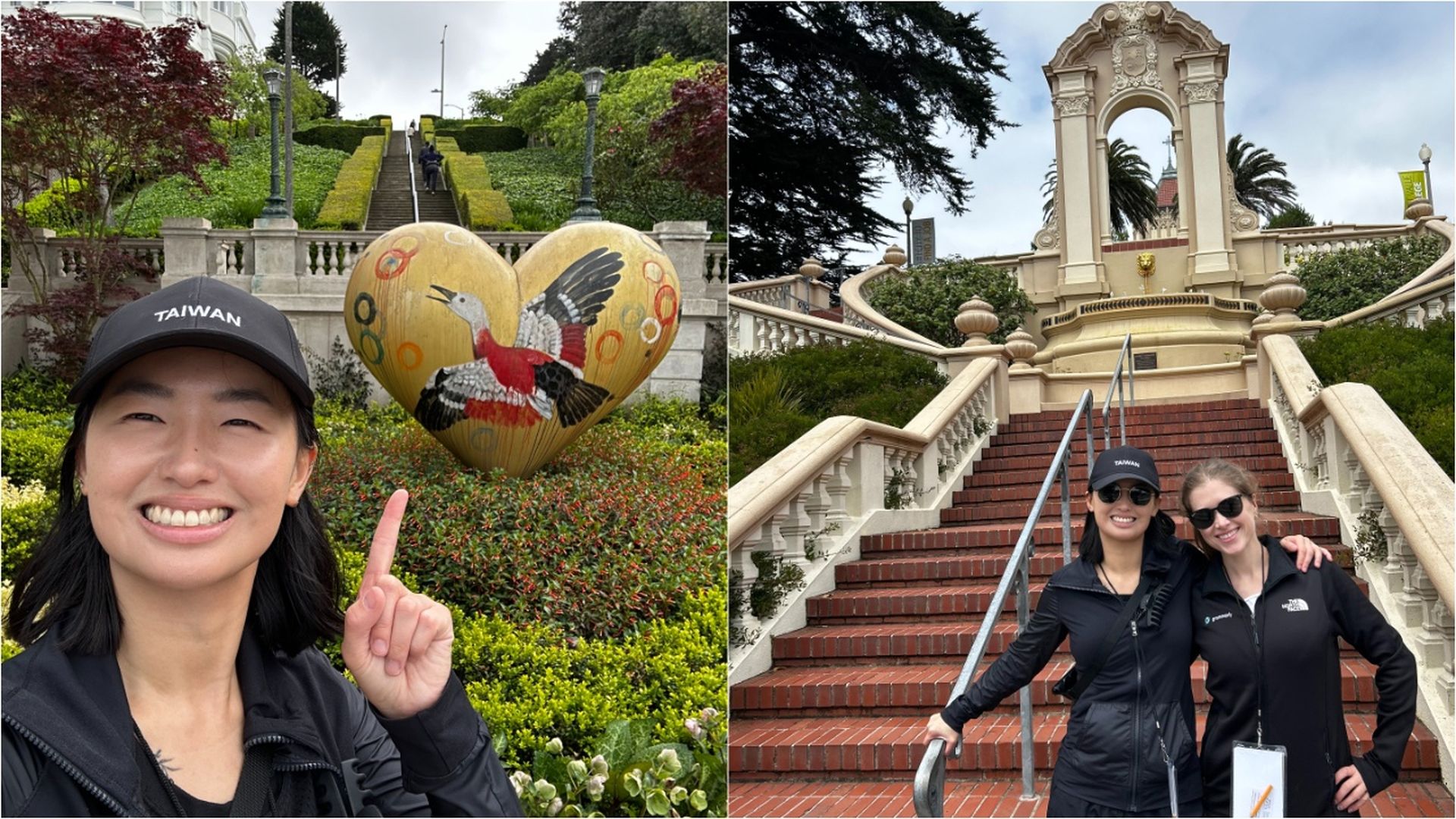 Two-panel image: Left—a smiling woman wearing a 'TAIWAN' cap selfies beside a large yellow heart painted with a bird in a garden. Right—she poses with another person on red brick stairs before a grand arched fountain.