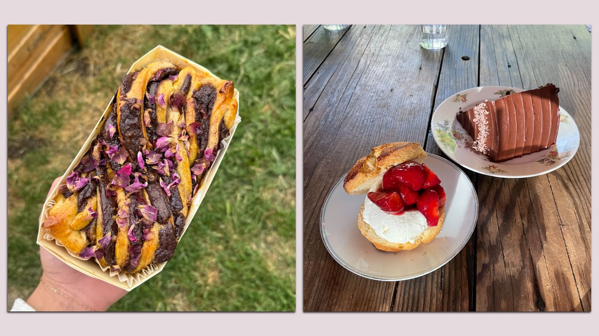 A photo of a chocolate bread with sugared rose petals on the left, on the right, a photo of a dish of strawberry shortcake and a chocolate cake.