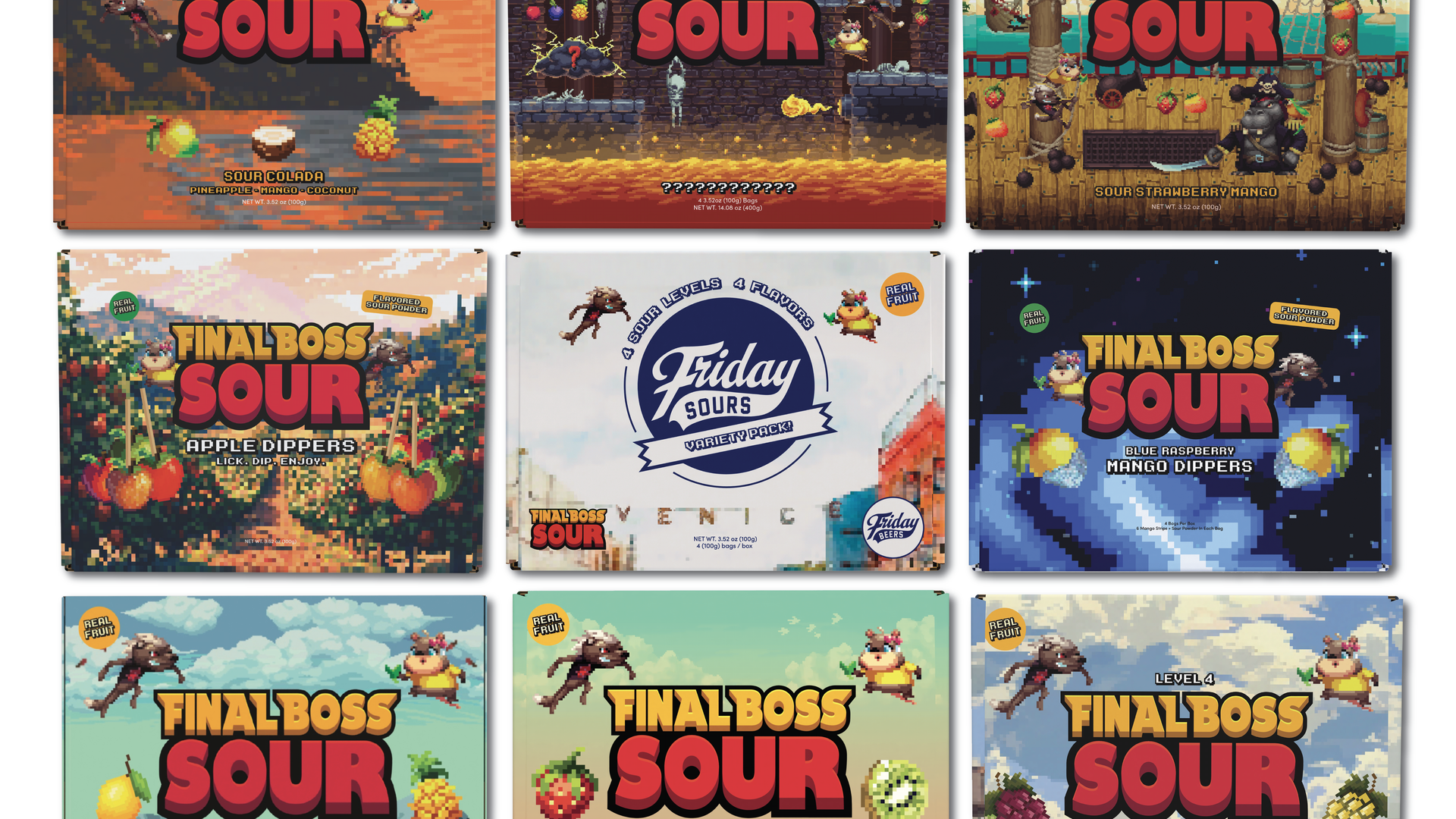 Images of package and media design for Final Boss Sour fruit-based snacks.