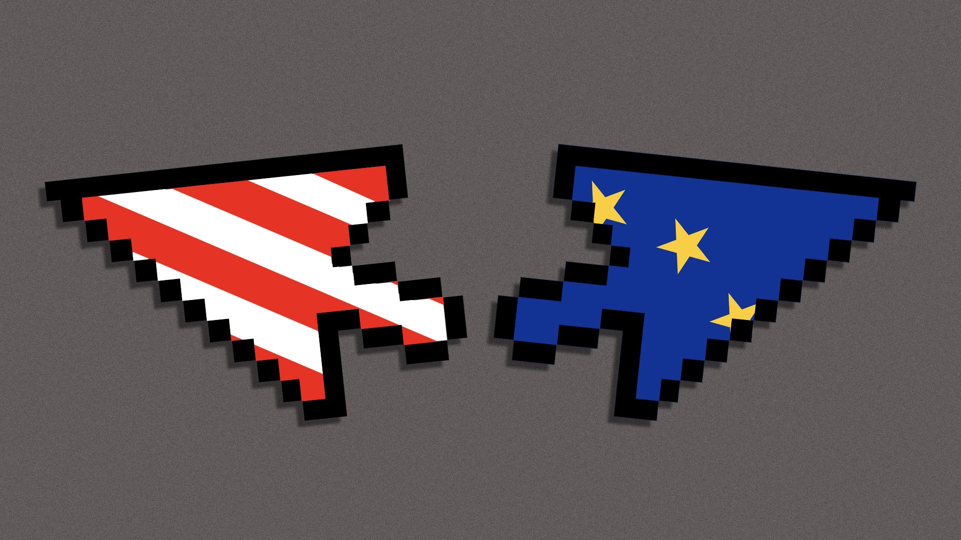 Illustration of a cursor patterned with the US flag pointing away from a cursor patterned with the EU flag