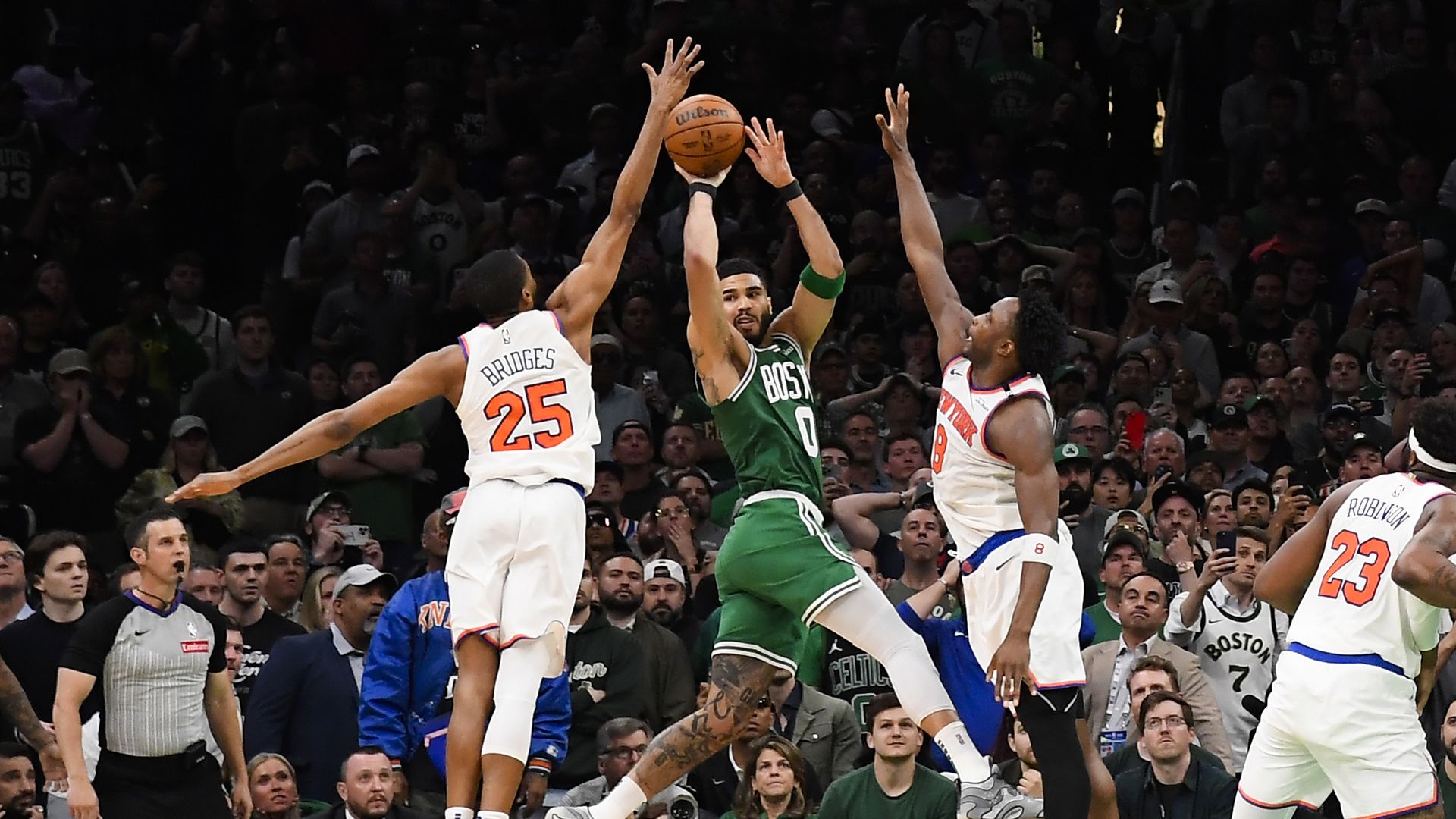 Mikal Bridges #25 of the New York Knicks blocks the ball during the game against the Boston Celtics during Round 2 Game 2 on May 7, 2025 at TD Garden in Boston, Massachusetts.