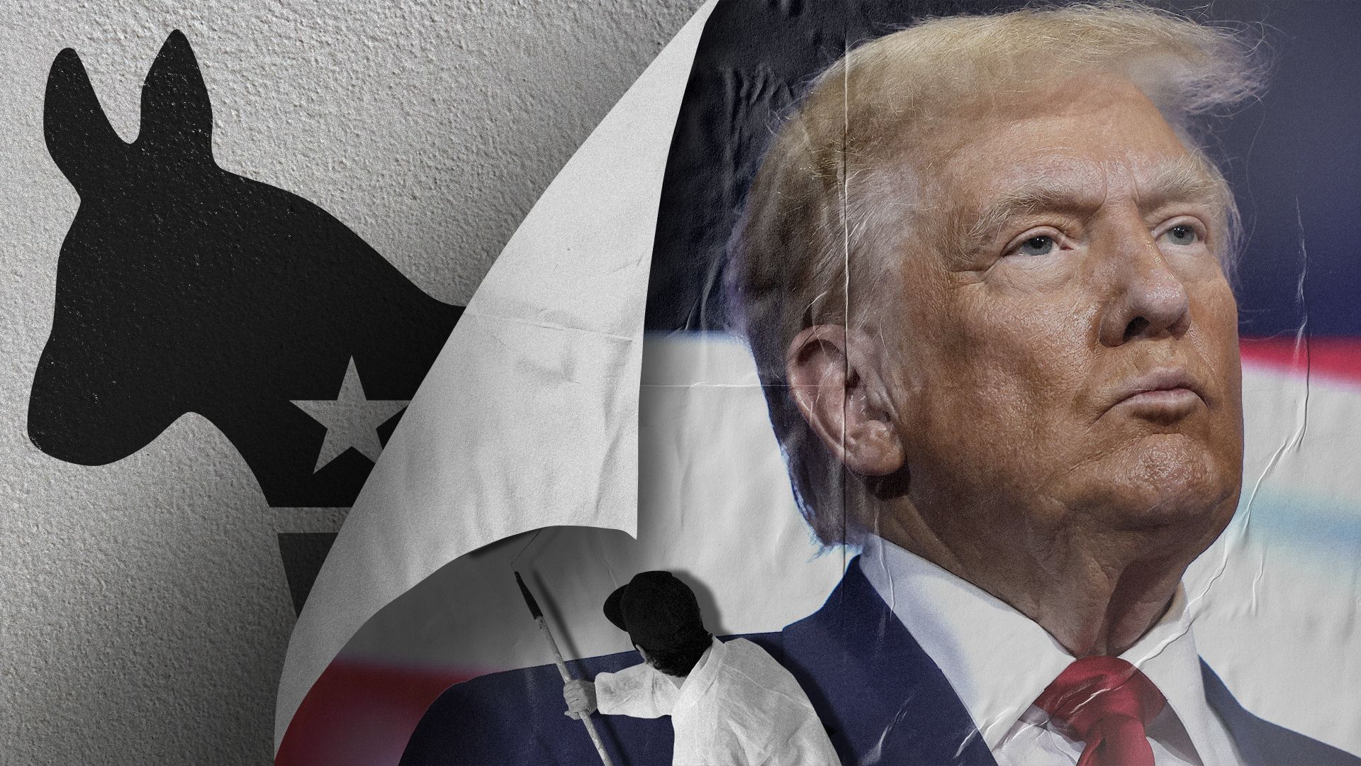 Photo illustration of an image of President Donald Trump being wheat pasted over the Democrat logo.