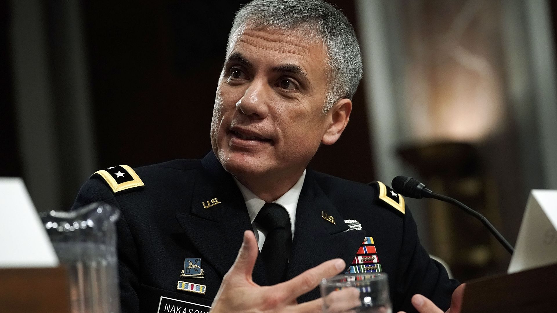 Gen. Paul M. Nakasone testifies during a confirmation hearing before the Senate Armed Services Committee.