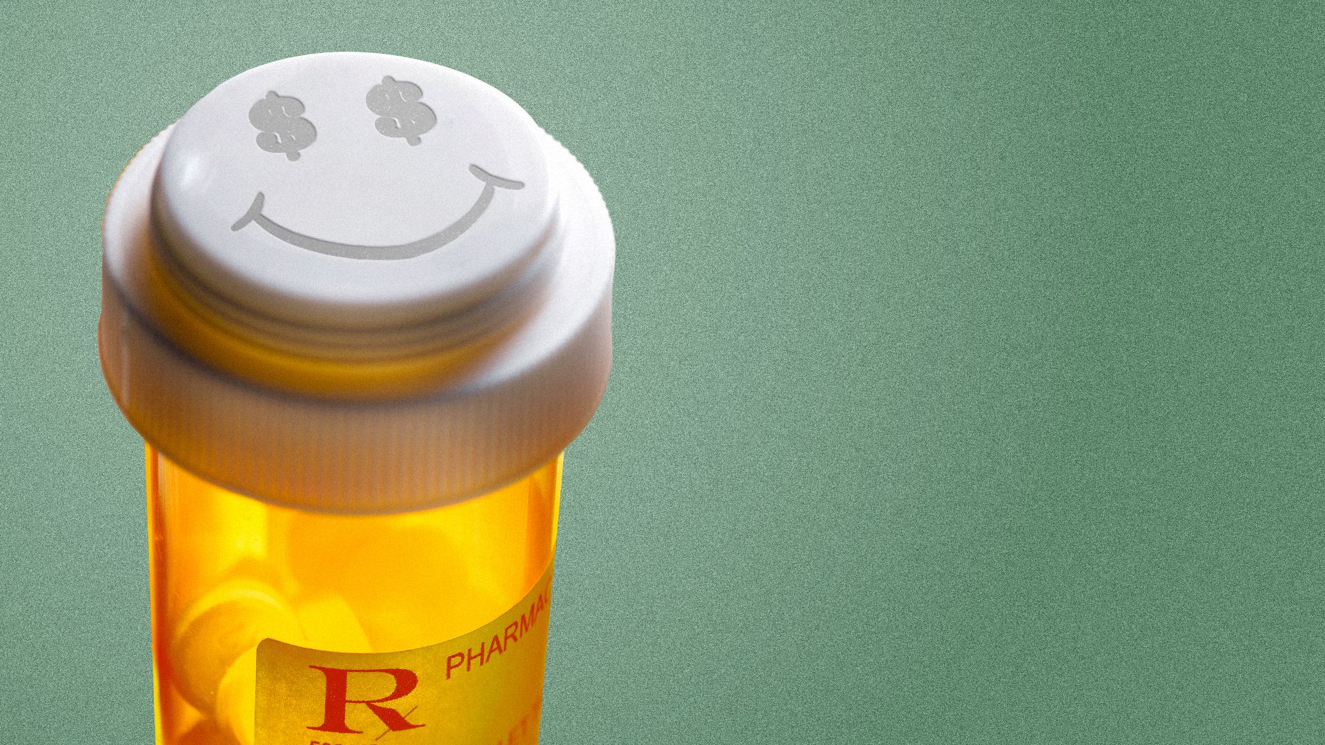 Illustration of a pill bottle with a smiley face with dollar signs instead of eyes on the cap.