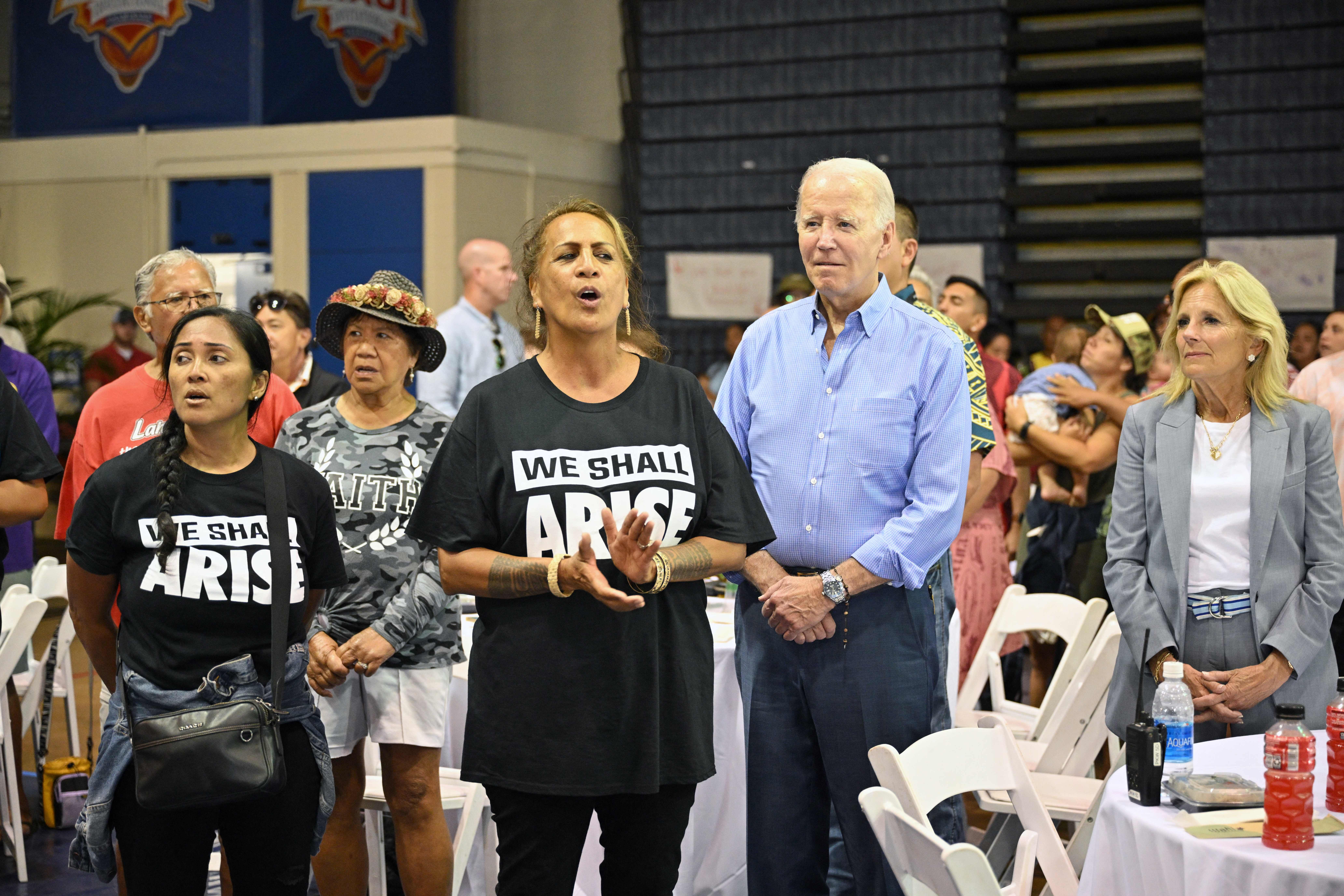 US President Joe Biden and First Lady Jill Biden attend a community engagement event at the Lahaina Civic Center in Lahaina, Hawaii on August 21, 2023.