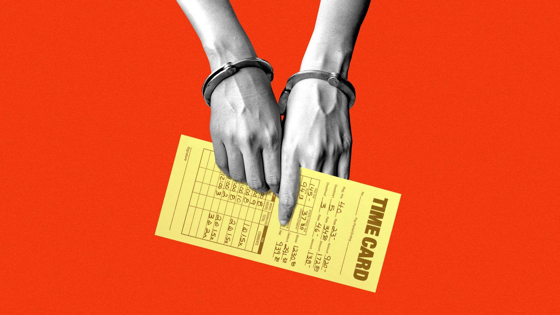 A pair of handcuffed hands hold an employee timecard.