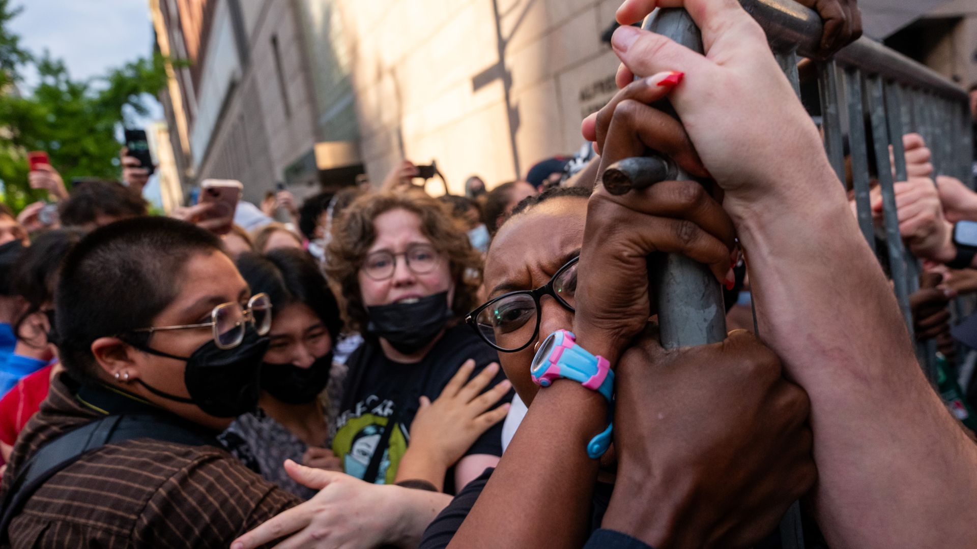 Police push back protesters as they gather outside of Columbia University's Butler Library after pro-Palestinian protesters occupied the space on May 07, 2025 in New York City. Crowds of protesters grew as a standoff with security and group calling themselves "Columbia University Apartheid Divest" a