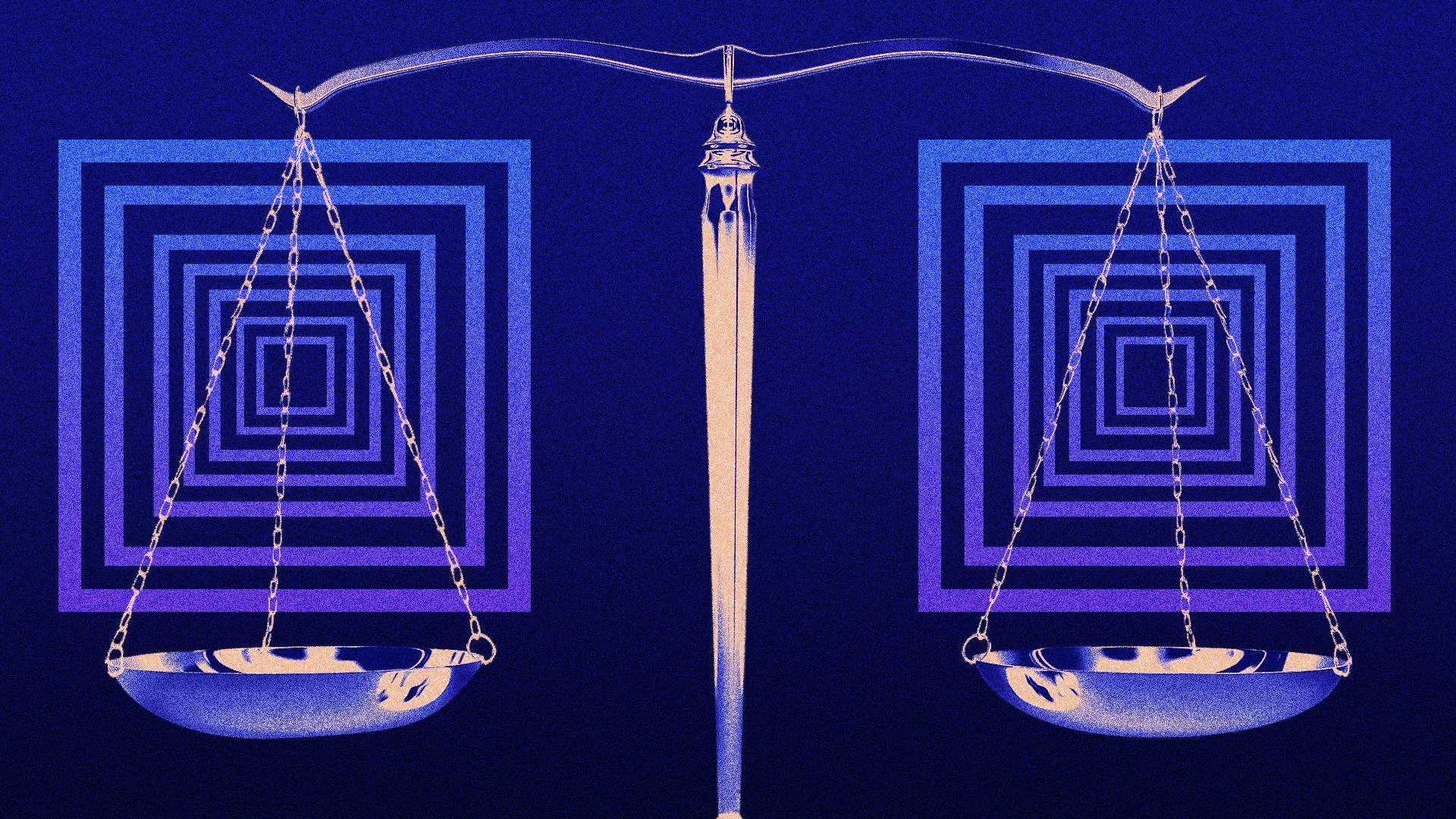 Illustration of scales of justice with two blocks.