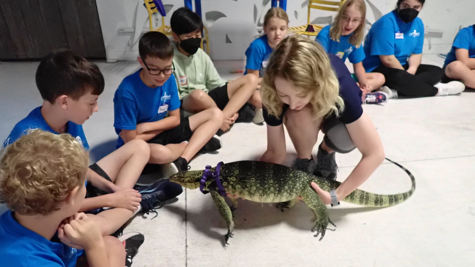 An instructor showing children a large reptile. 