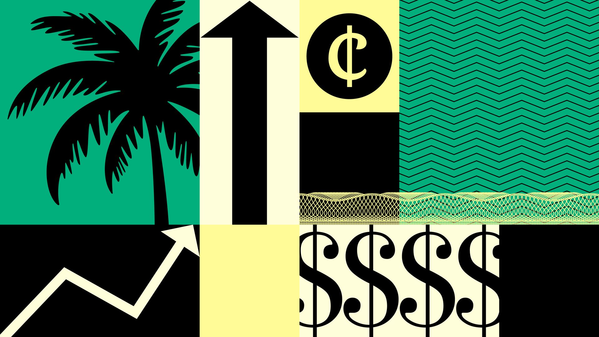 Illustration of a palm tree, arrows, dollar signs, and abstract patterns in a grid.