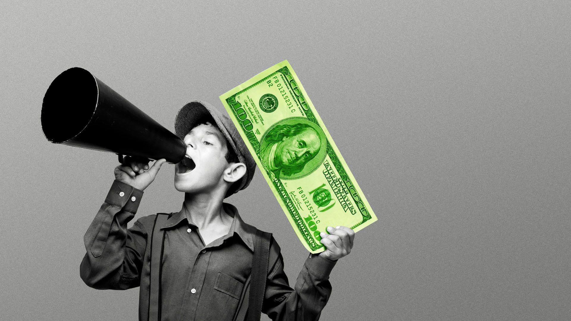 Illustration of a newspaper boy holding a megaphone and a large dollar bill.