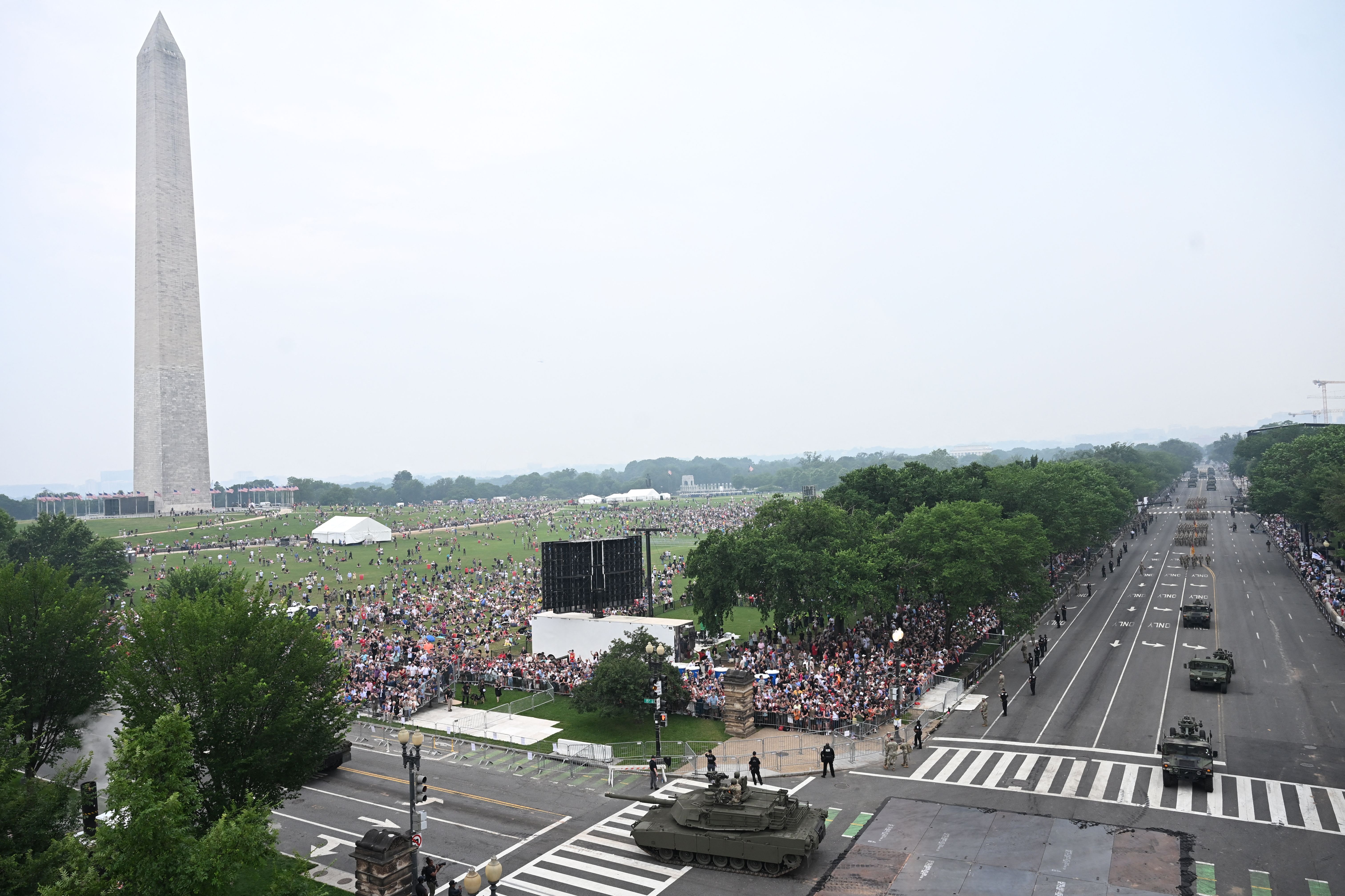 Armored vehicles drive during the Army 250th Anniversary Parade in Washington, DC on June 14. 