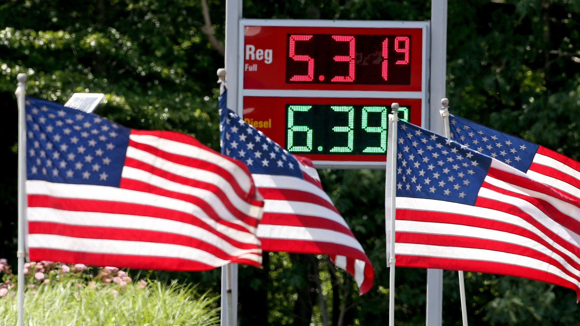 A sign with $5.32 gasoline prices