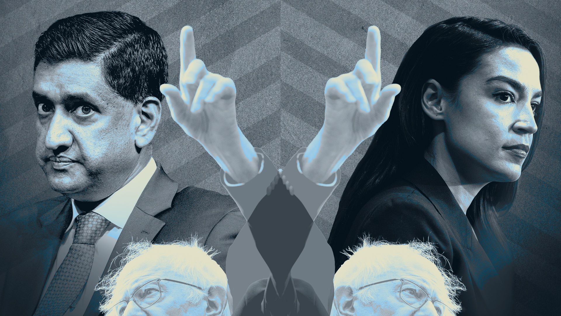 Photo illustration of a collage featuring Ro Kanna, Alexandria Ocasio-Cortez, and two mirror images of Bernie Sanders one pointing toward Kanna and one toward Ocasio-Cortez.