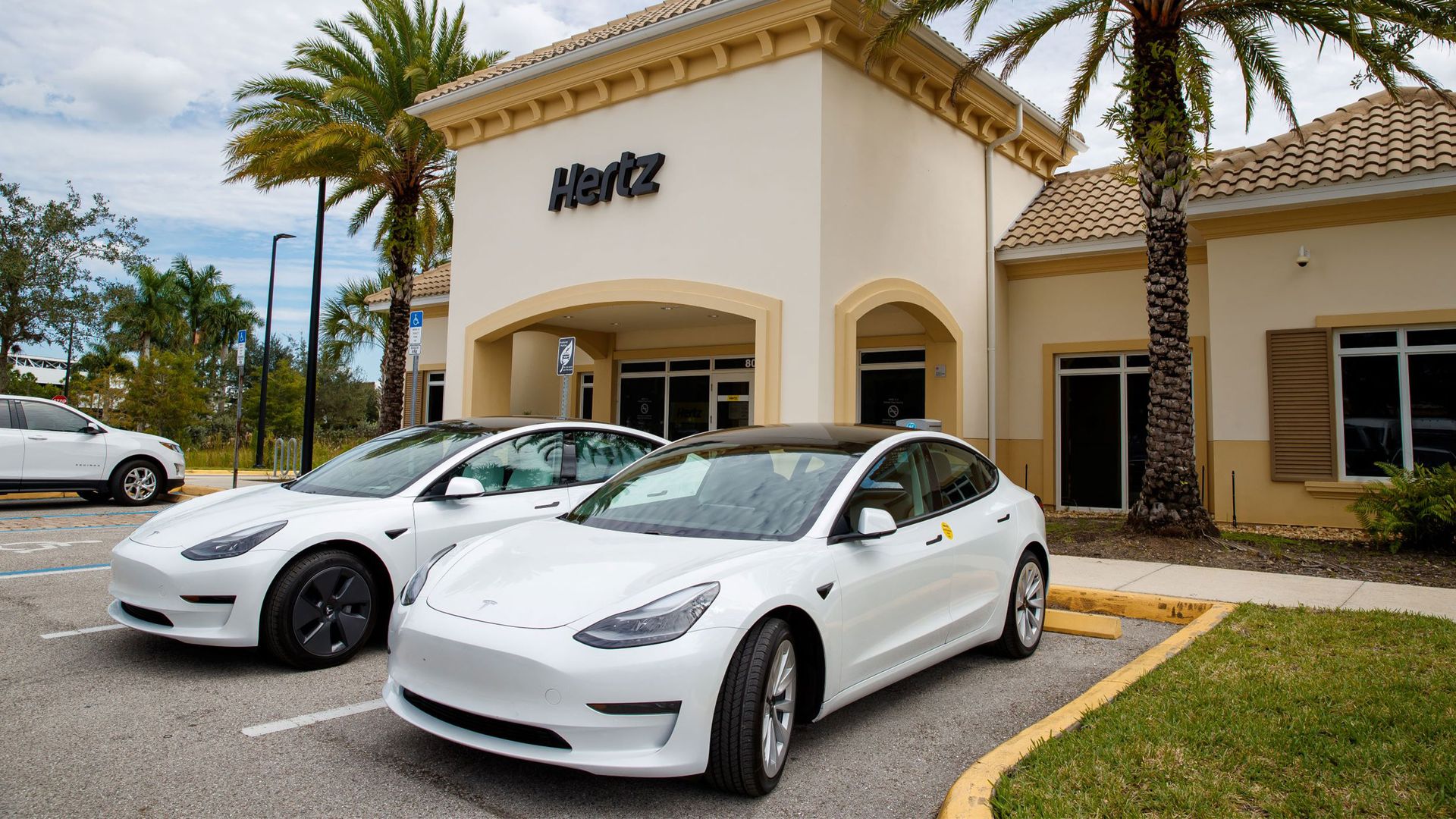 Image of 2 white Tesla Model 3s parked in front of a Hertz rental location. 