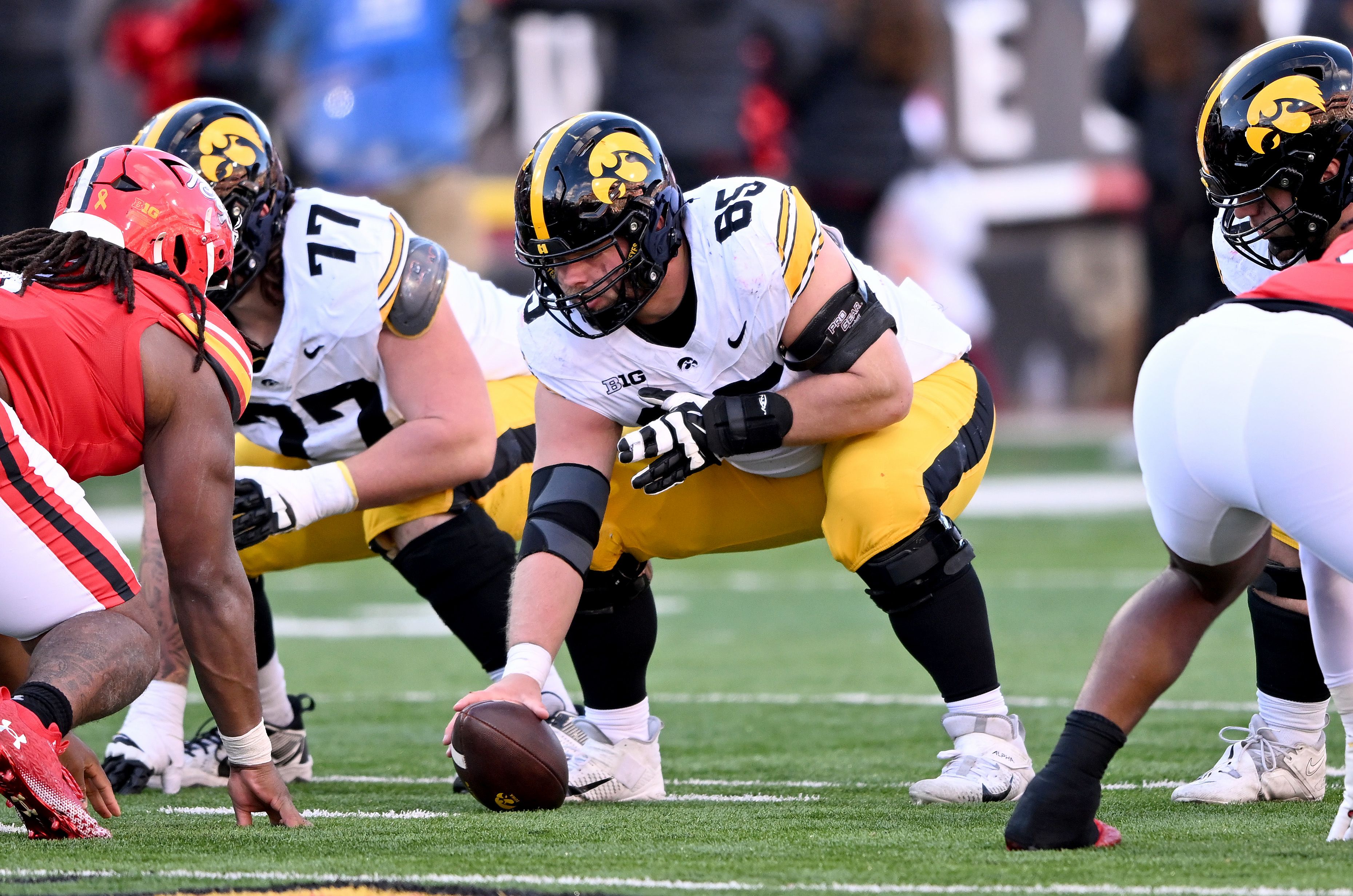 During a college football scrimmage, Iowa Hawkeyes in white jerseys and yellow pants line up against red-clad opponents; center crouches over the ball on green turf, ready to snap.
