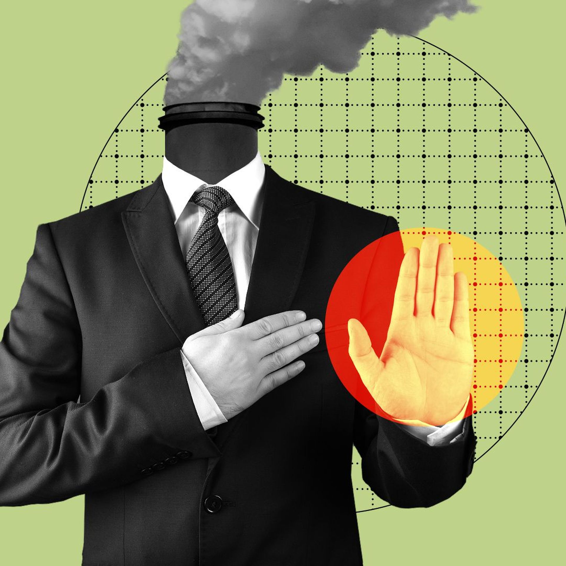 Illustration of a man in a suit pledging, and his head is a smokestack.