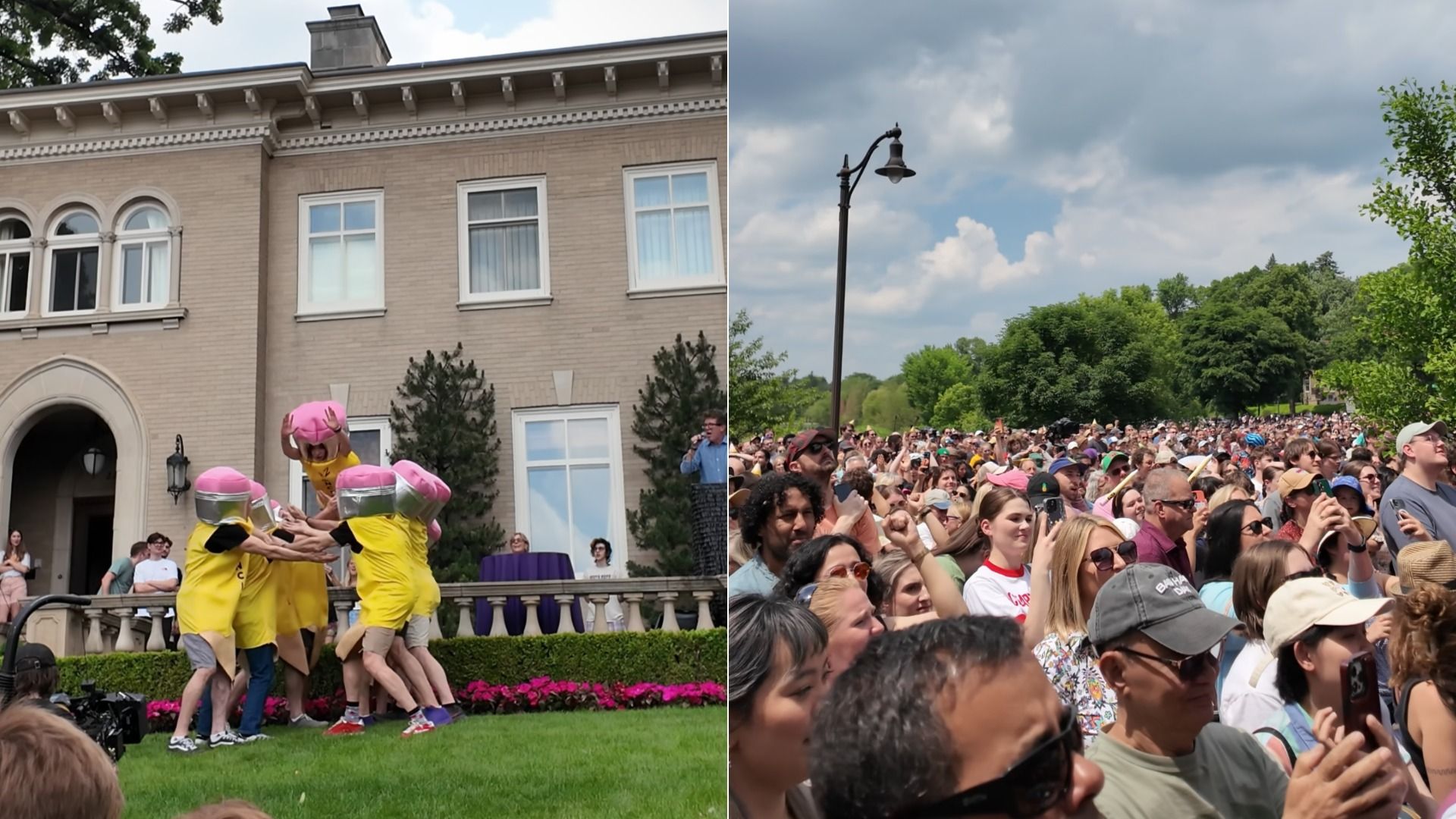 A large crowd watching a person dressed in a pencil costume diving off a ledge.