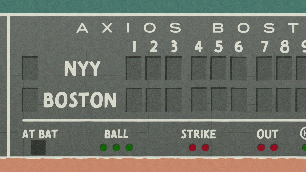 Animated illustration of a baseball scoreboard spelling out BACK THAT MASS UP instead of displaying runs.
